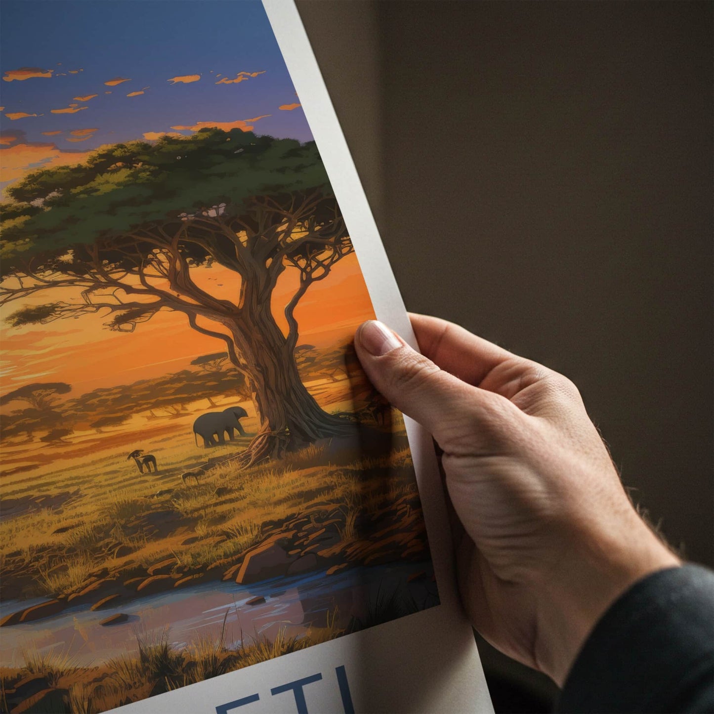 Serengeti Poster - Tanzania Travel Art - Savanna Sunset Elephants Home Decor