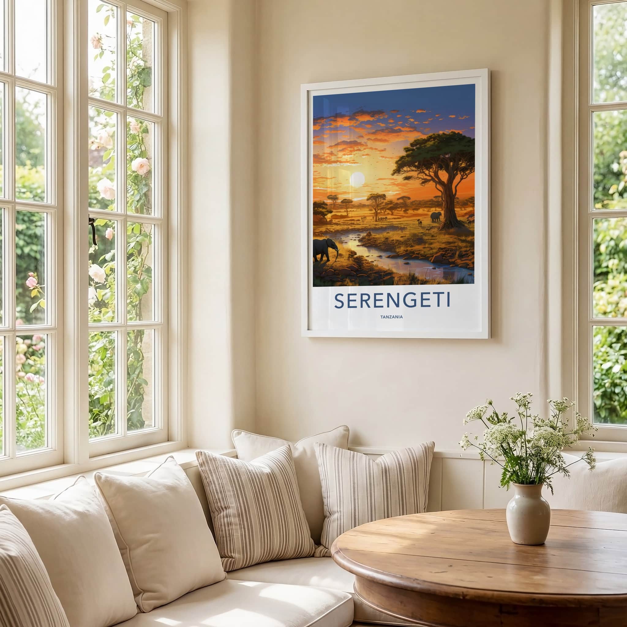 Serengeti Poster - Tanzania Travel Art - Savanna Sunset Elephants Home Decor