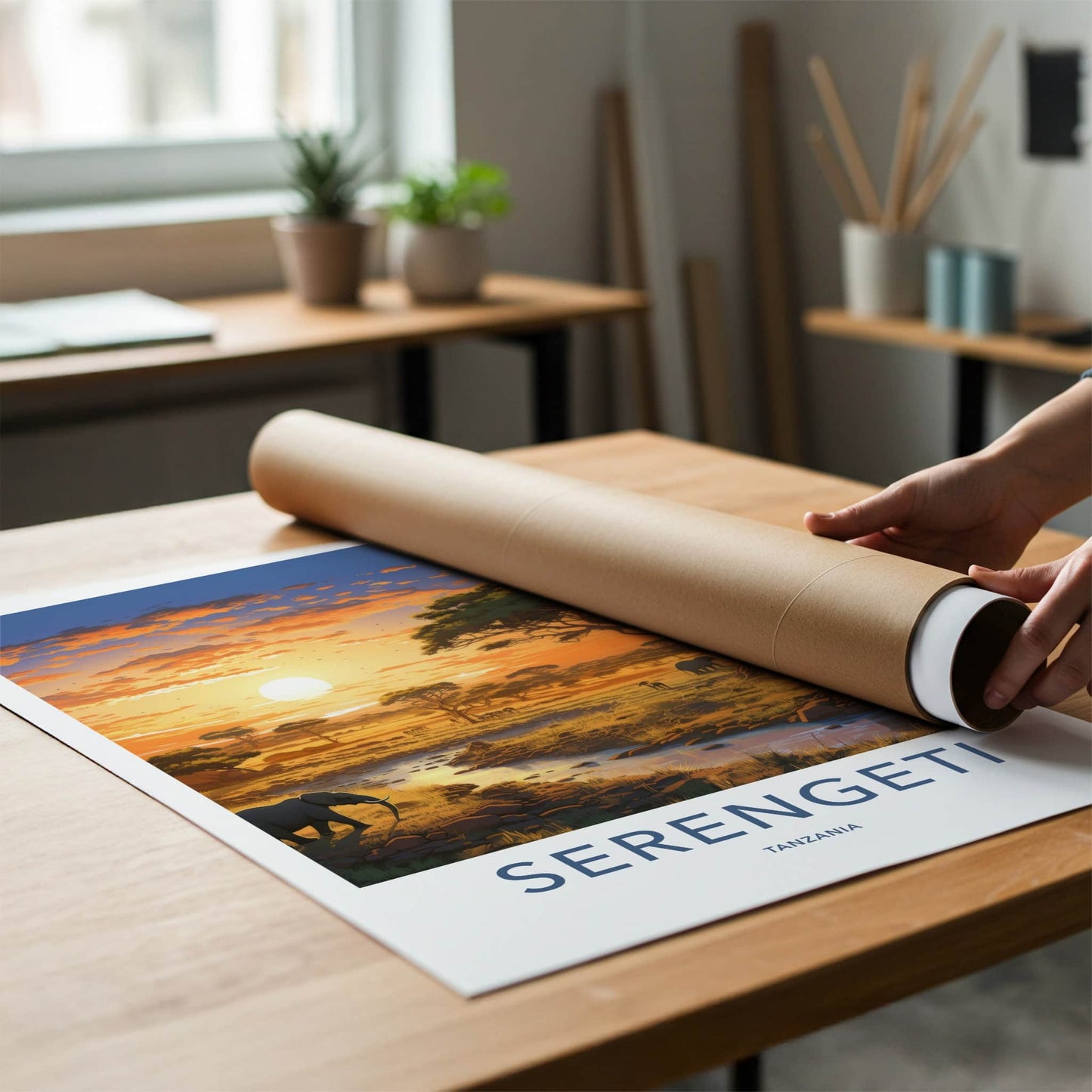 Serengeti Poster - Tanzania Travel Art - Savanna Sunset Elephants Home Decor