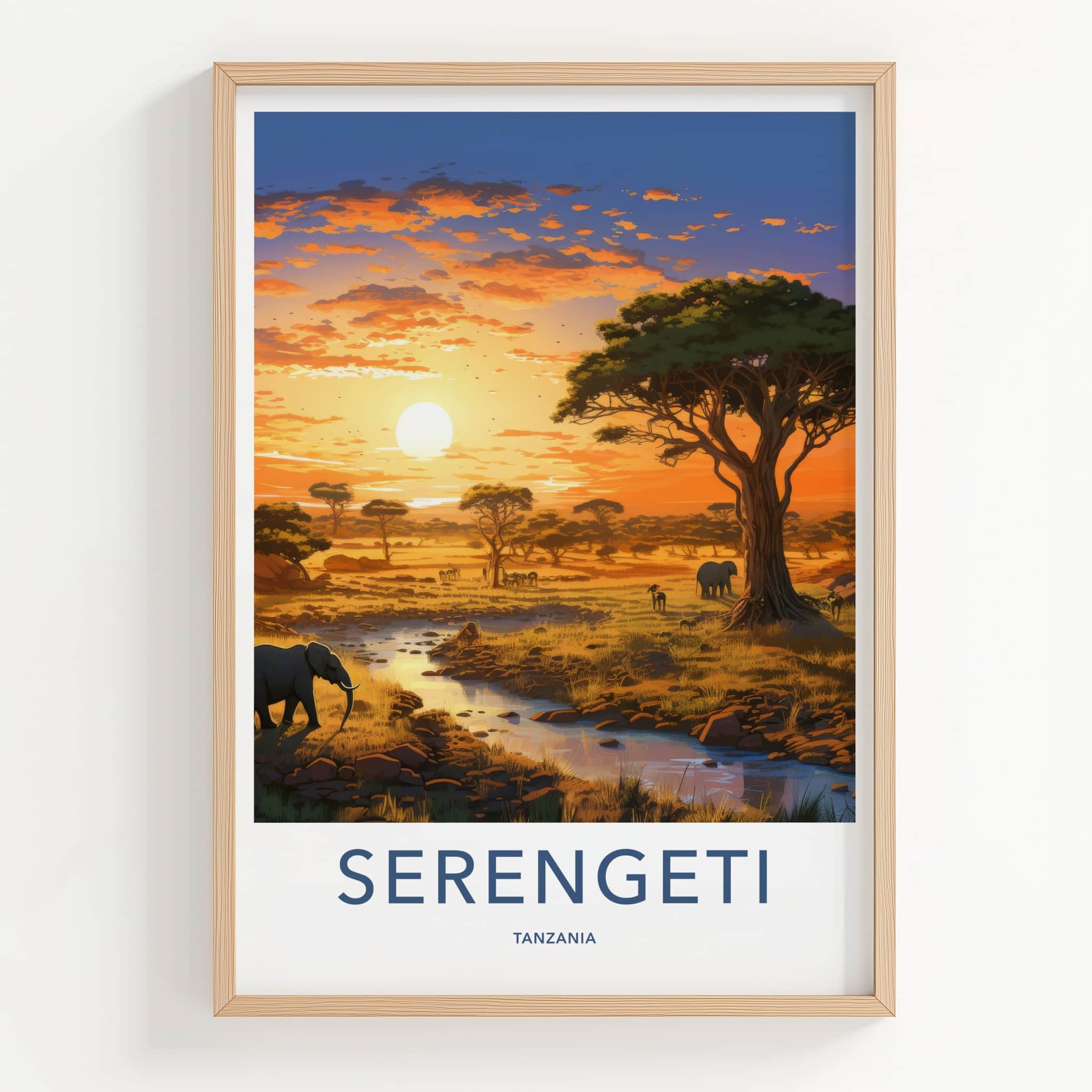 Serengeti Poster - Tanzania Travel Art - Savanna Sunset Elephants Home Decor