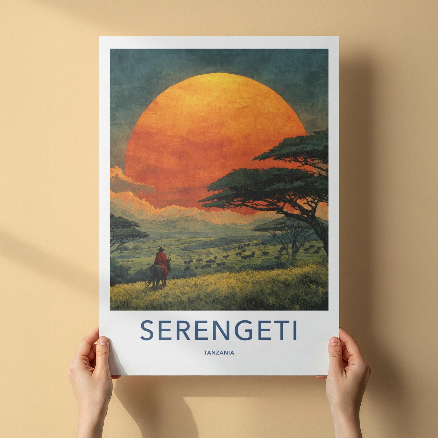 Serengeti Poster - Tanzania Travel Art - Savanna Sunset Rider Home Decor