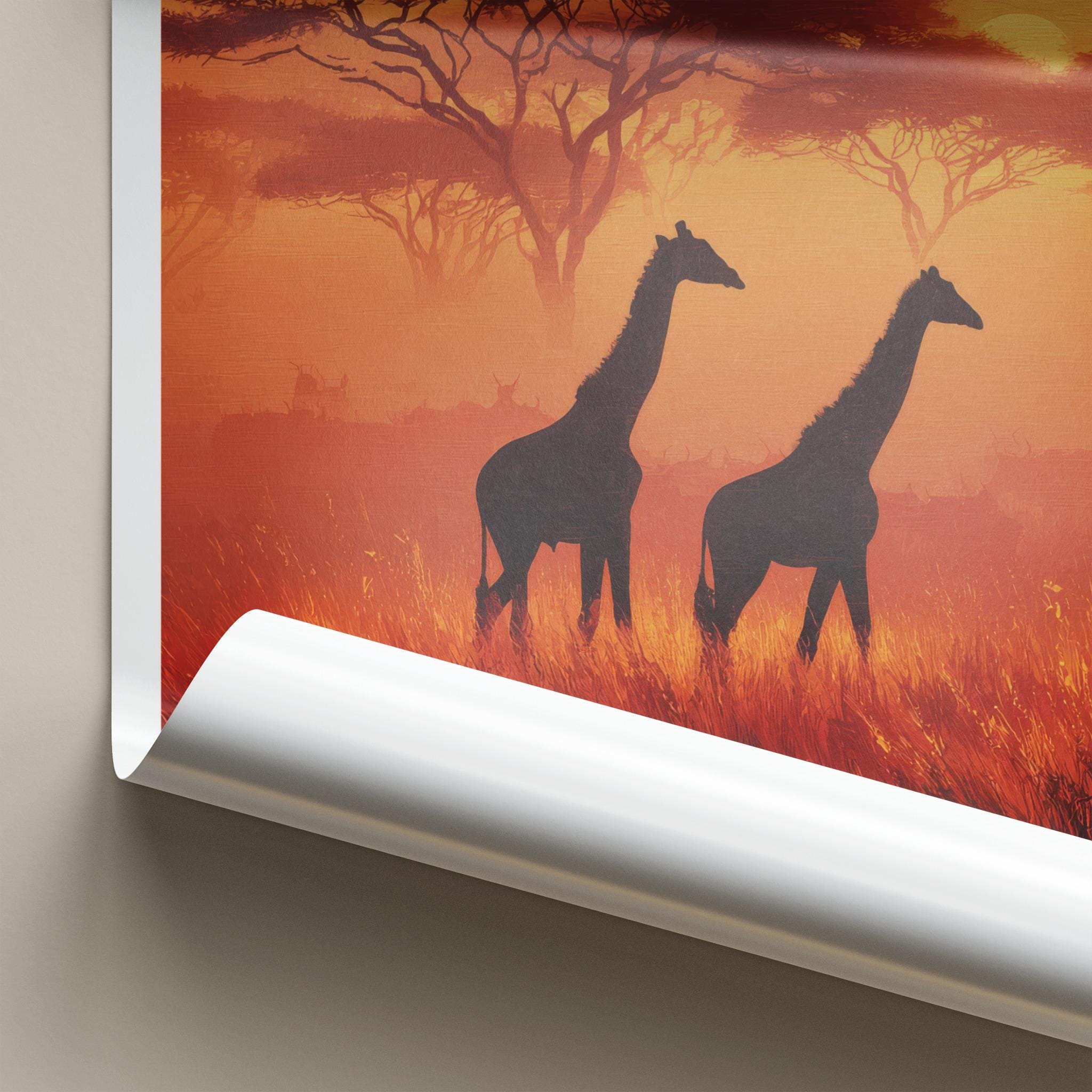 Serengeti Poster - Tanzania Travel Art - Silhouetted Giraffes Sunset Wall Decor