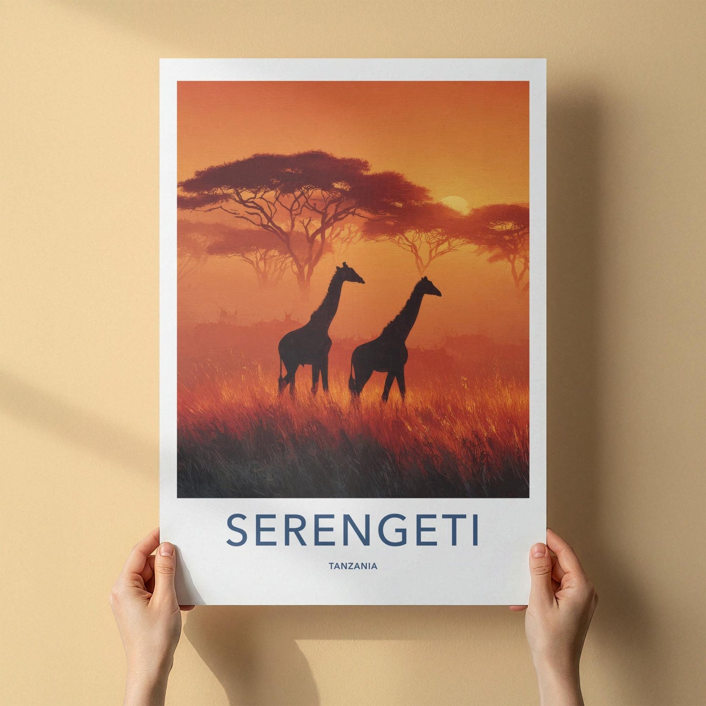 Serengeti Poster - Tanzania Travel Art - Silhouetted Giraffes Sunset Wall Decor