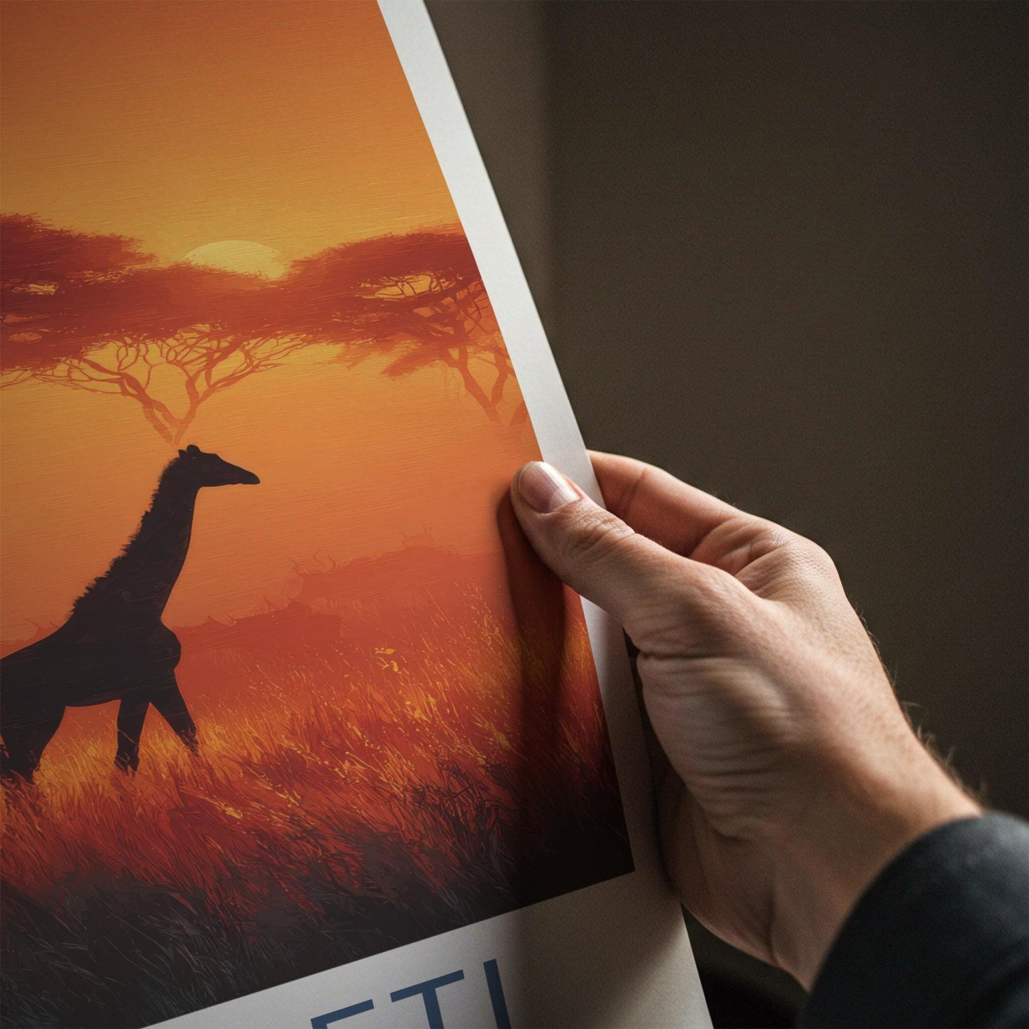 Serengeti Poster - Tanzania Travel Art - Silhouetted Giraffes Sunset Wall Decor