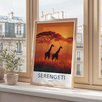 Serengeti Poster - Tanzania Travel Art - Silhouetted Giraffes Sunset Wall Decor