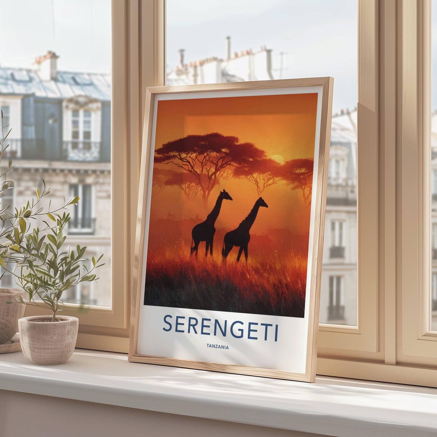 Serengeti Poster - Tanzania Travel Art - Silhouetted Giraffes Sunset Wall Decor