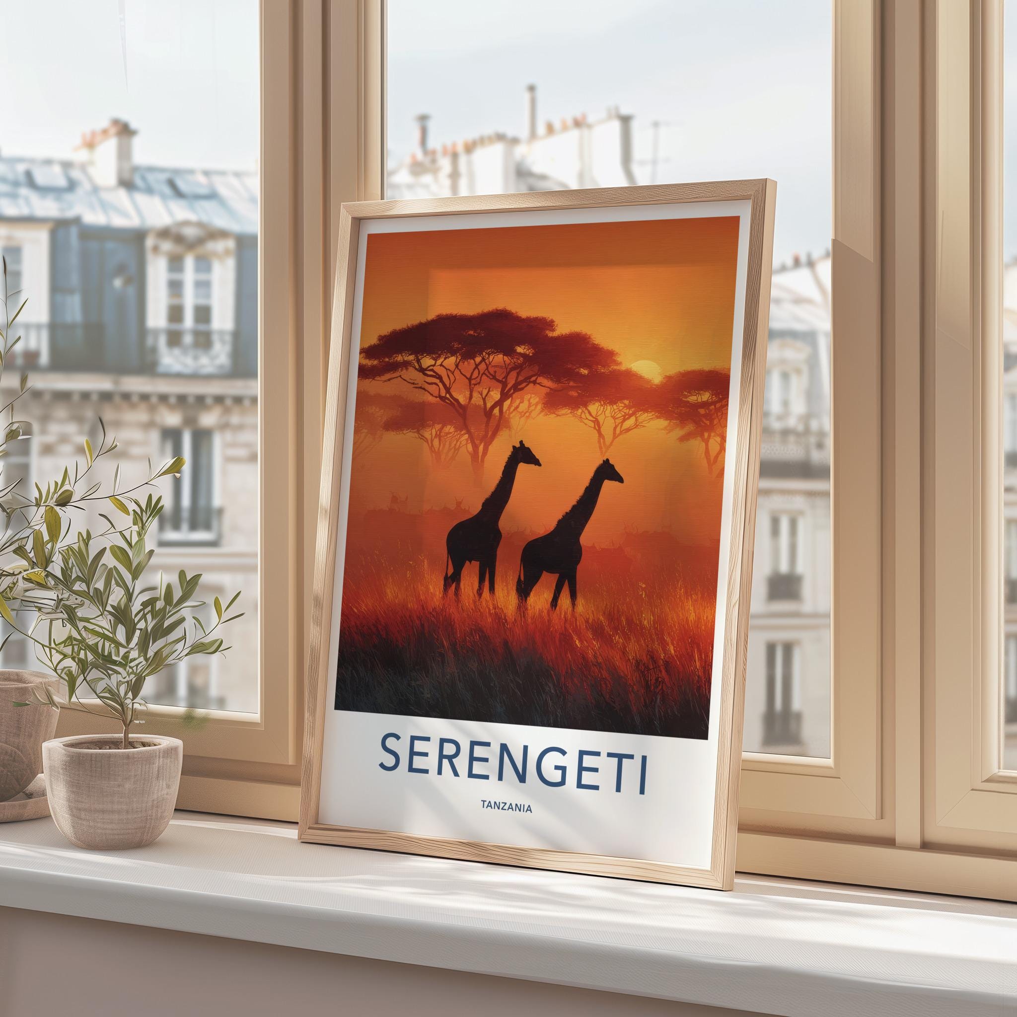 Serengeti Poster - Tanzania Travel Art - Silhouetted Giraffes Sunset Wall Decor