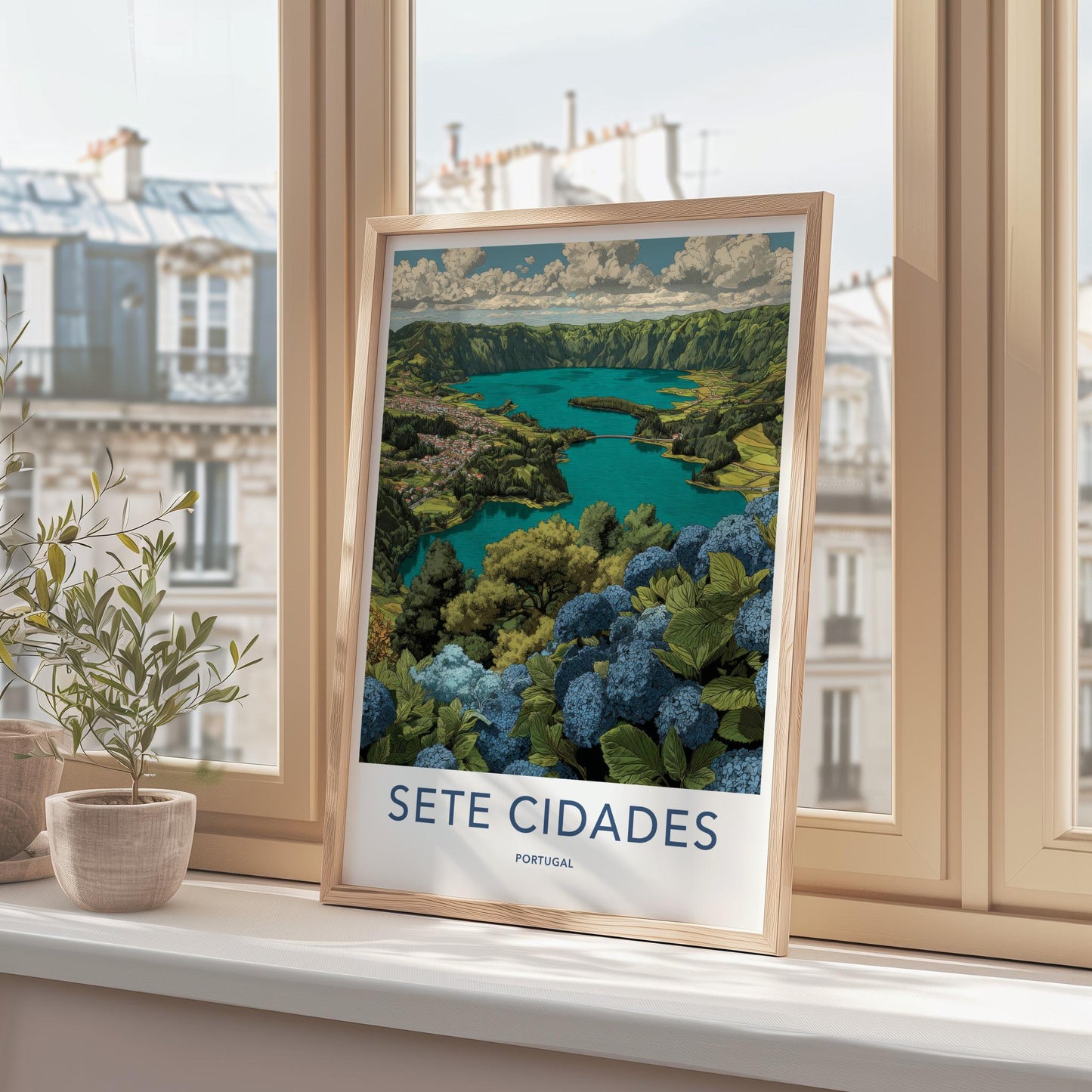Sete Cidades Poster - Portugal Travel Art - Blue Hydrangea Lake Home Decor