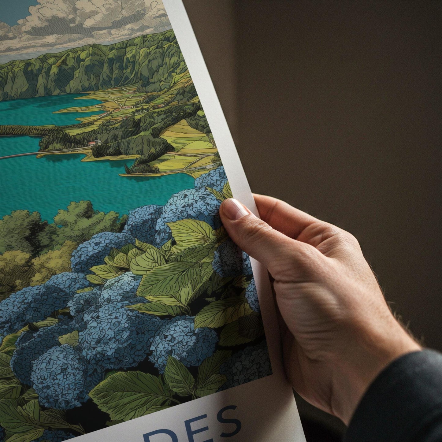 Sete Cidades Poster - Portugal Travel Art - Blue Hydrangea Lake Home Decor