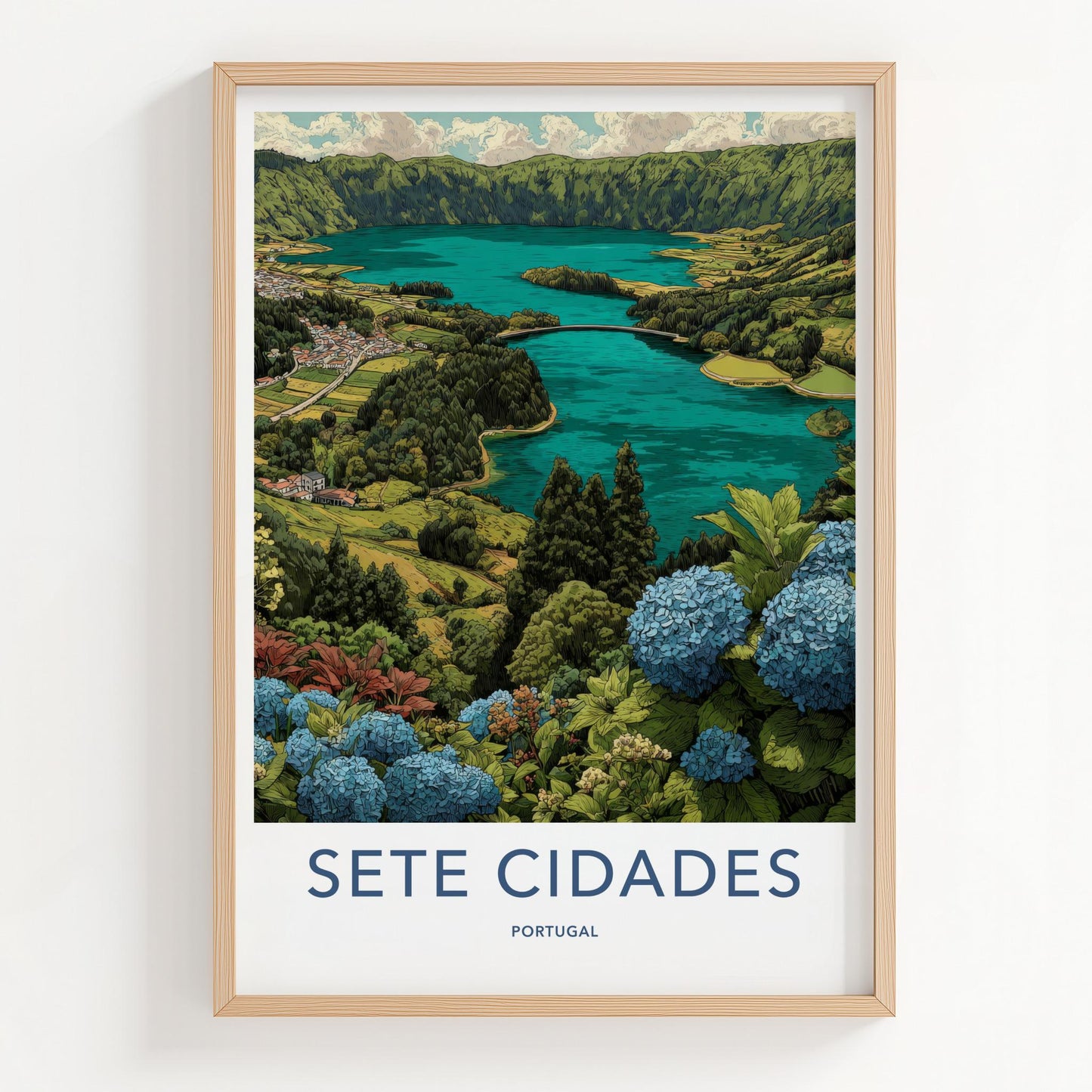 Sete Cidades Poster - Portugal Travel Art - Hydrangea Lake Vista Wall Decor