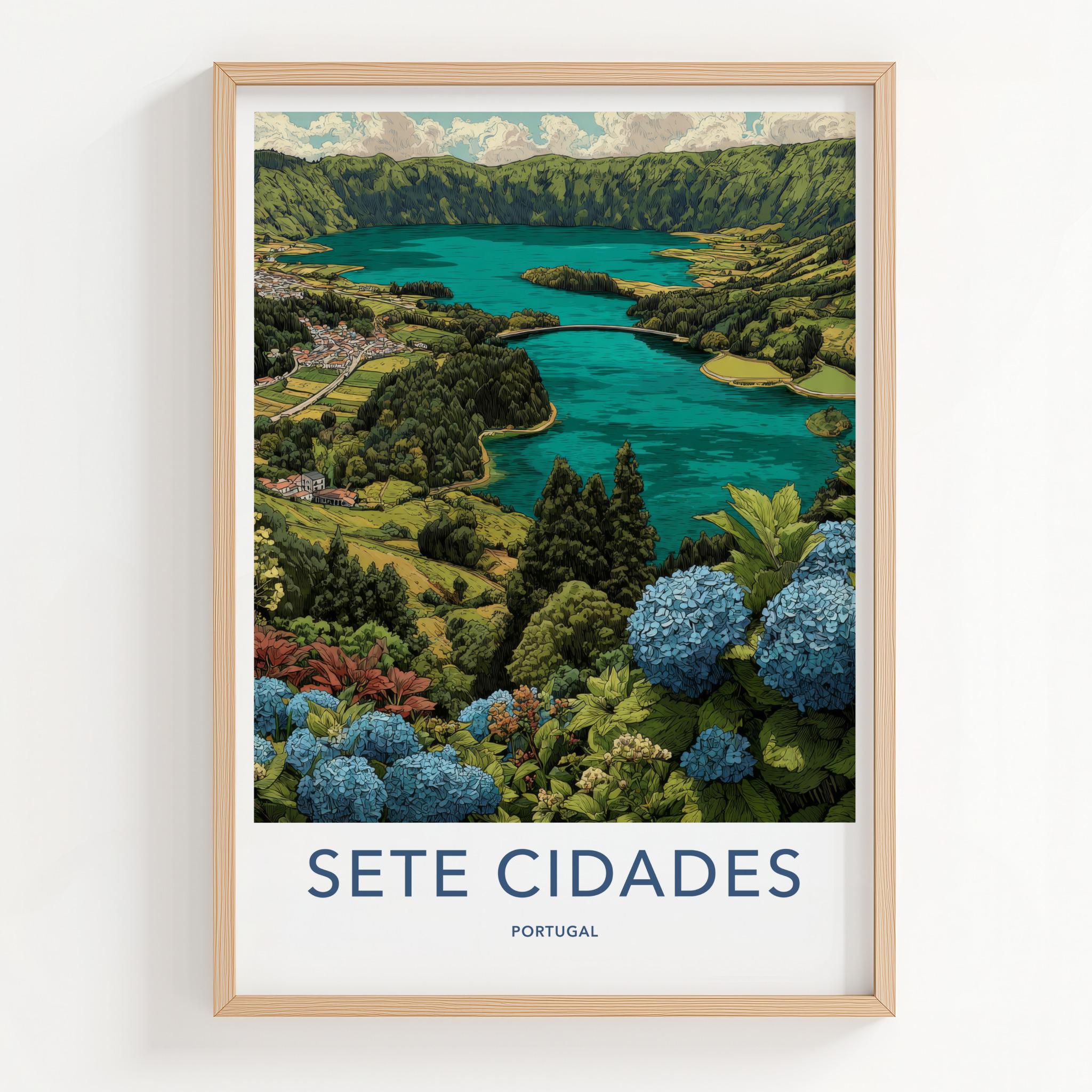 Sete Cidades Poster - Portugal Travel Art - Hydrangea Lake Vista Wall Decor