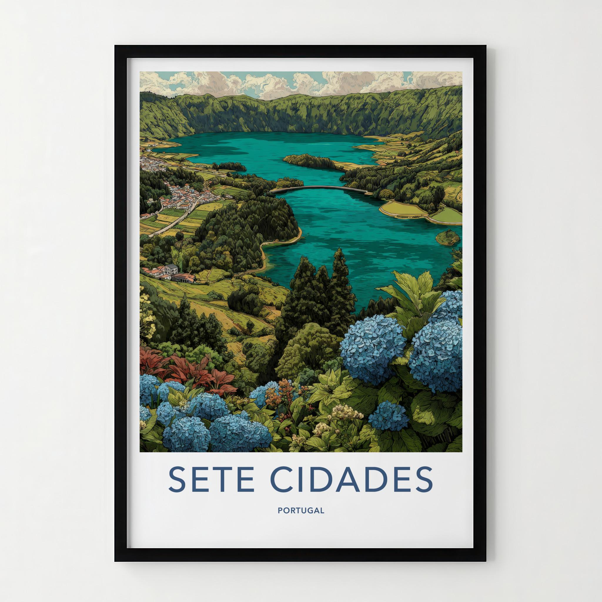 Sete Cidades Poster - Portugal Travel Art - Hydrangea Lake Vista Wall Decor