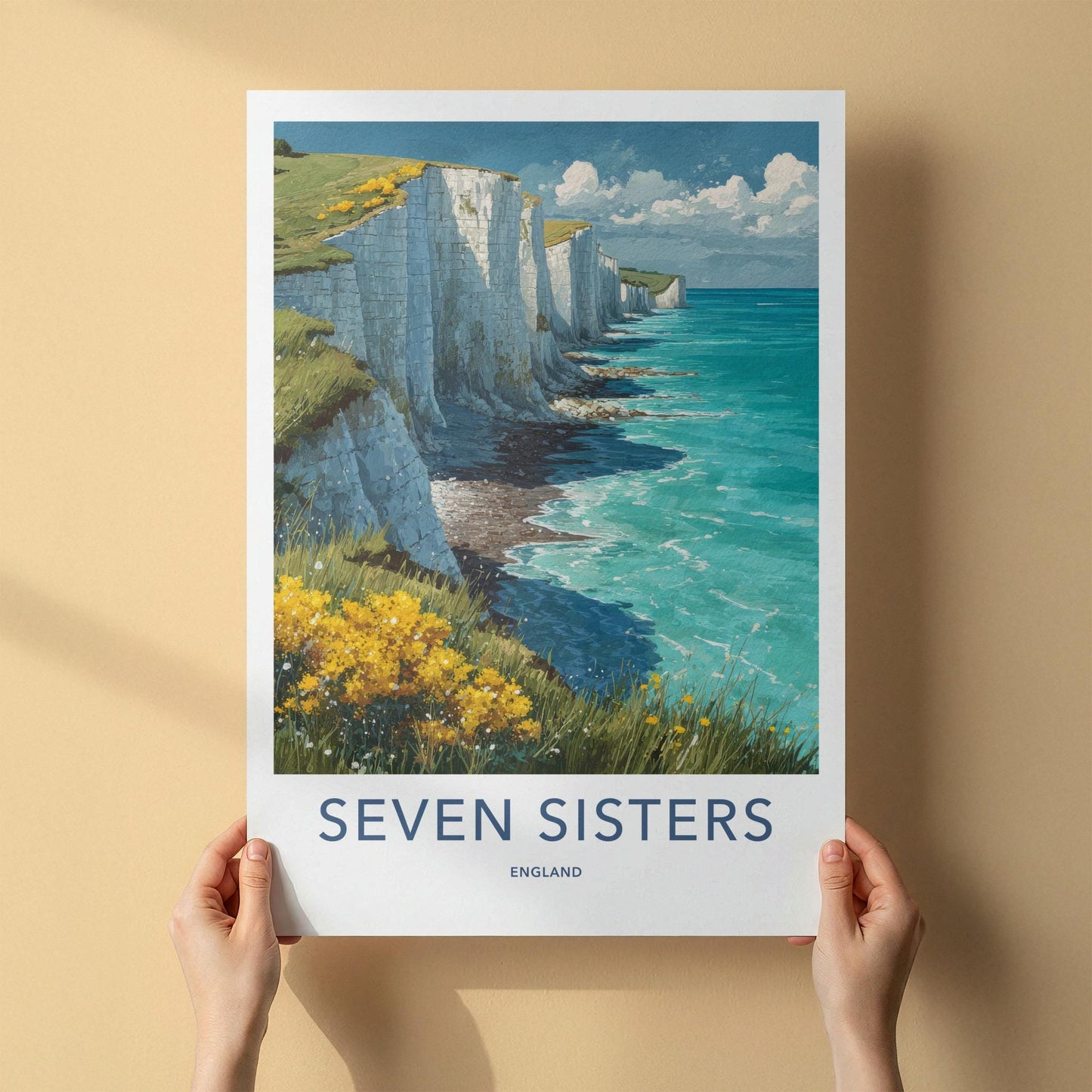 Seven Sisters Poster - England Travel Art - Chalk Cliffs Seascape Wall Decor