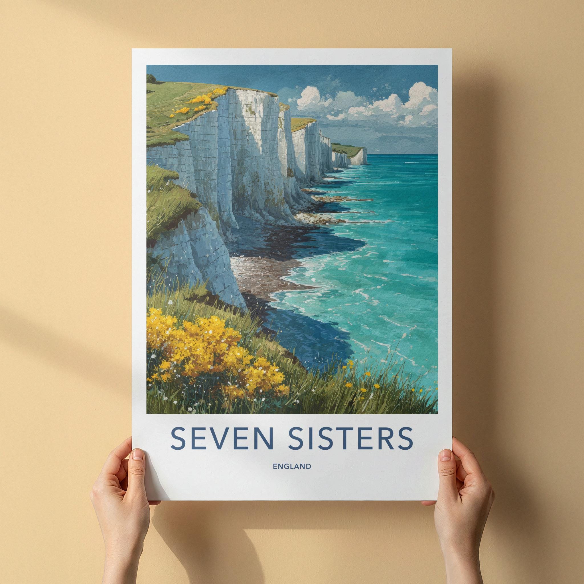 Seven Sisters Poster - England Travel Art - Chalk Cliffs Seascape Wall Decor