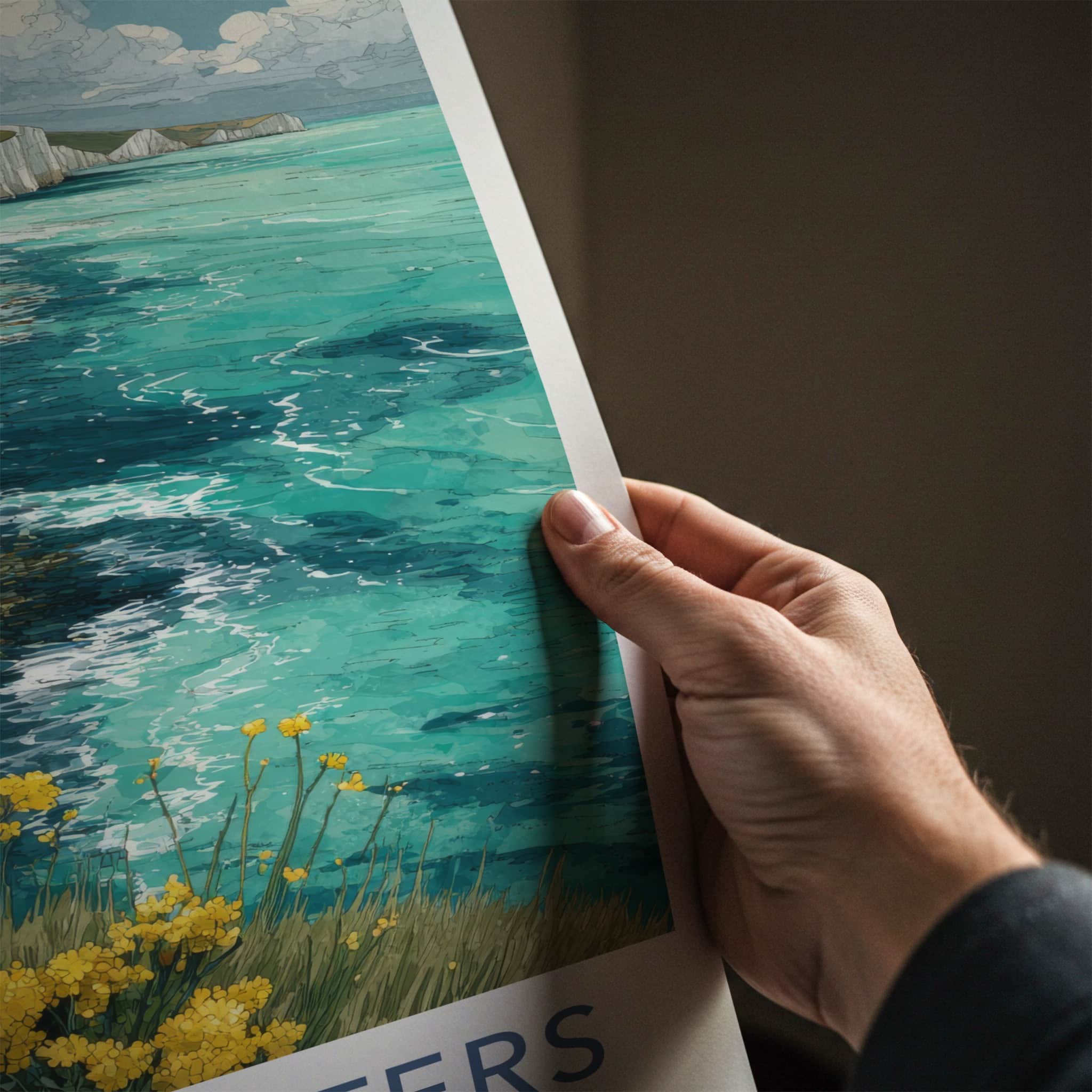 Seven Sisters Poster - England Travel Art - Cliffs Ocean Flowers Home Decor