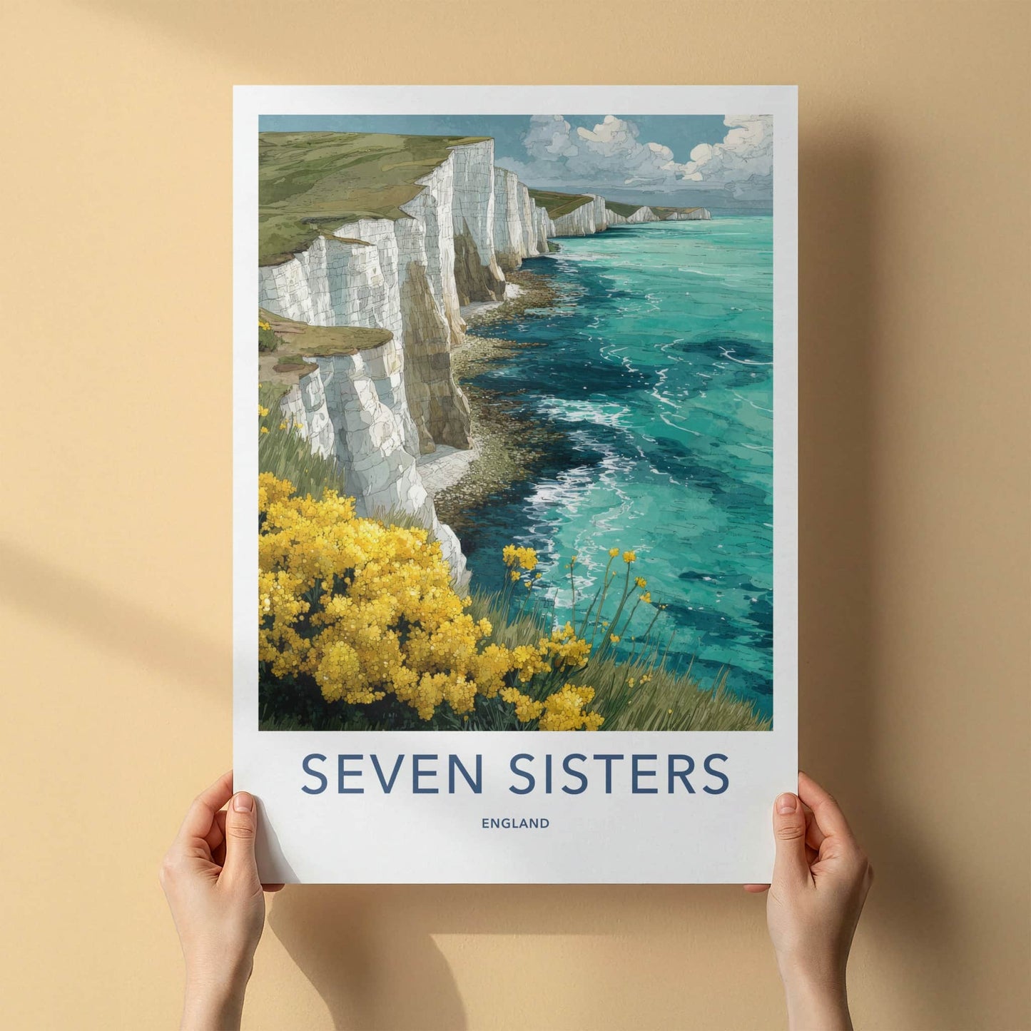 Seven Sisters Poster - England Travel Art - Cliffs Ocean Flowers Home Decor