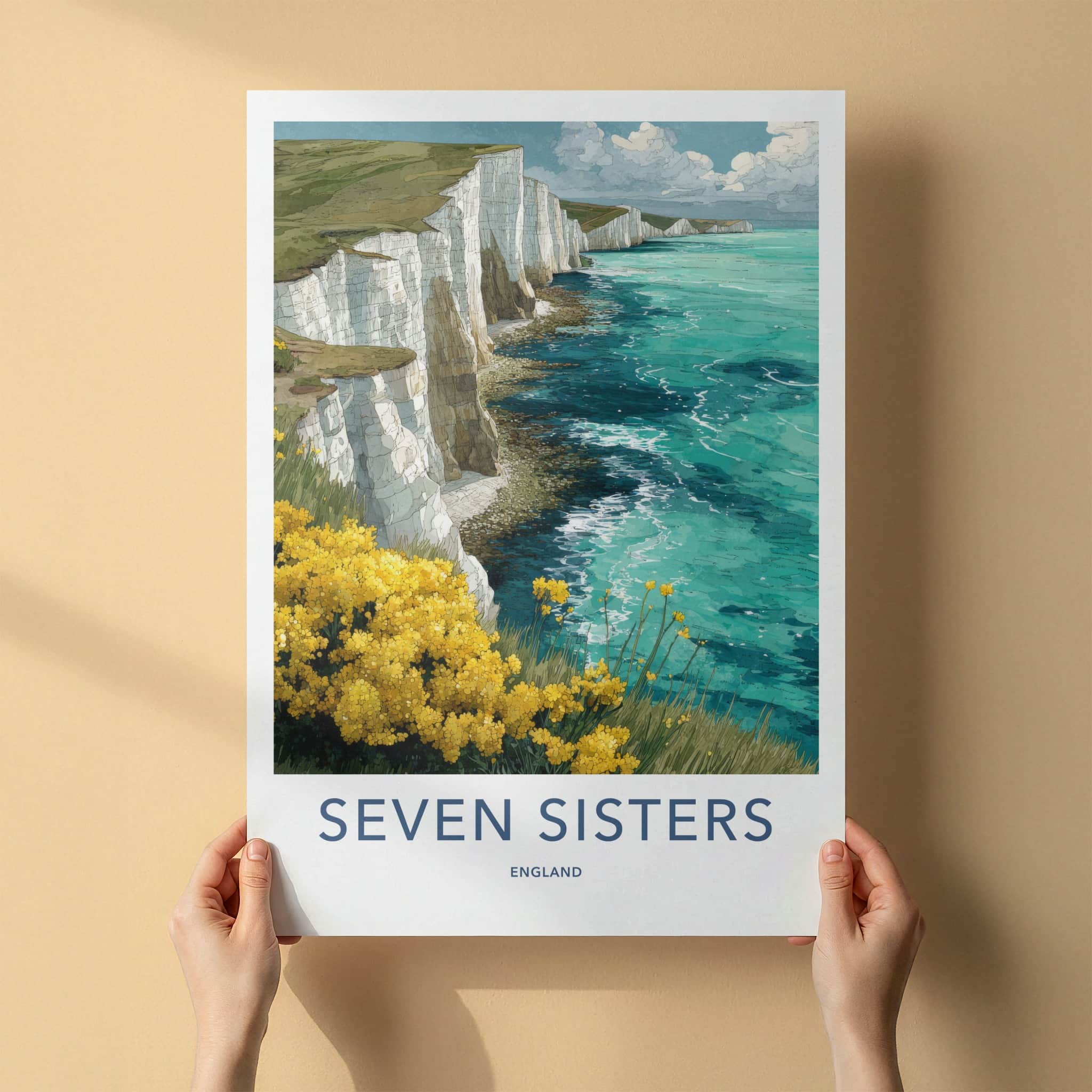 Seven Sisters Poster - England Travel Art - Cliffs Ocean Flowers Home Decor