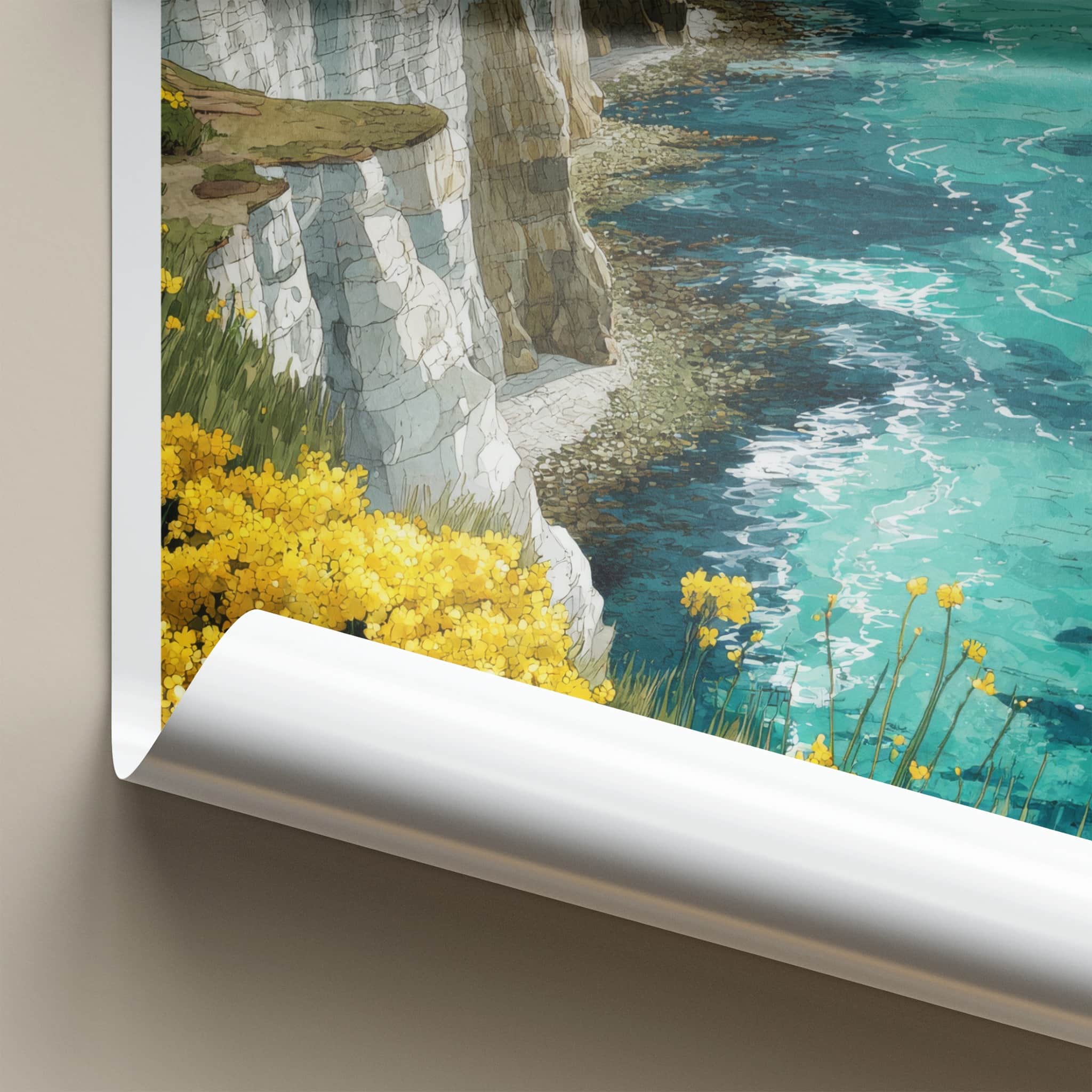 Seven Sisters Poster - England Travel Art - Cliffs Ocean Flowers Home Decor