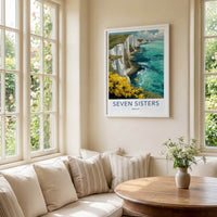 Seven Sisters Poster - England Travel Art - Cliffs Ocean Flowers Home Decor