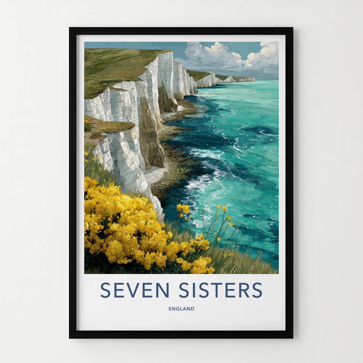 Seven Sisters Poster - England Travel Art - Cliffs Ocean Flowers Home Decor