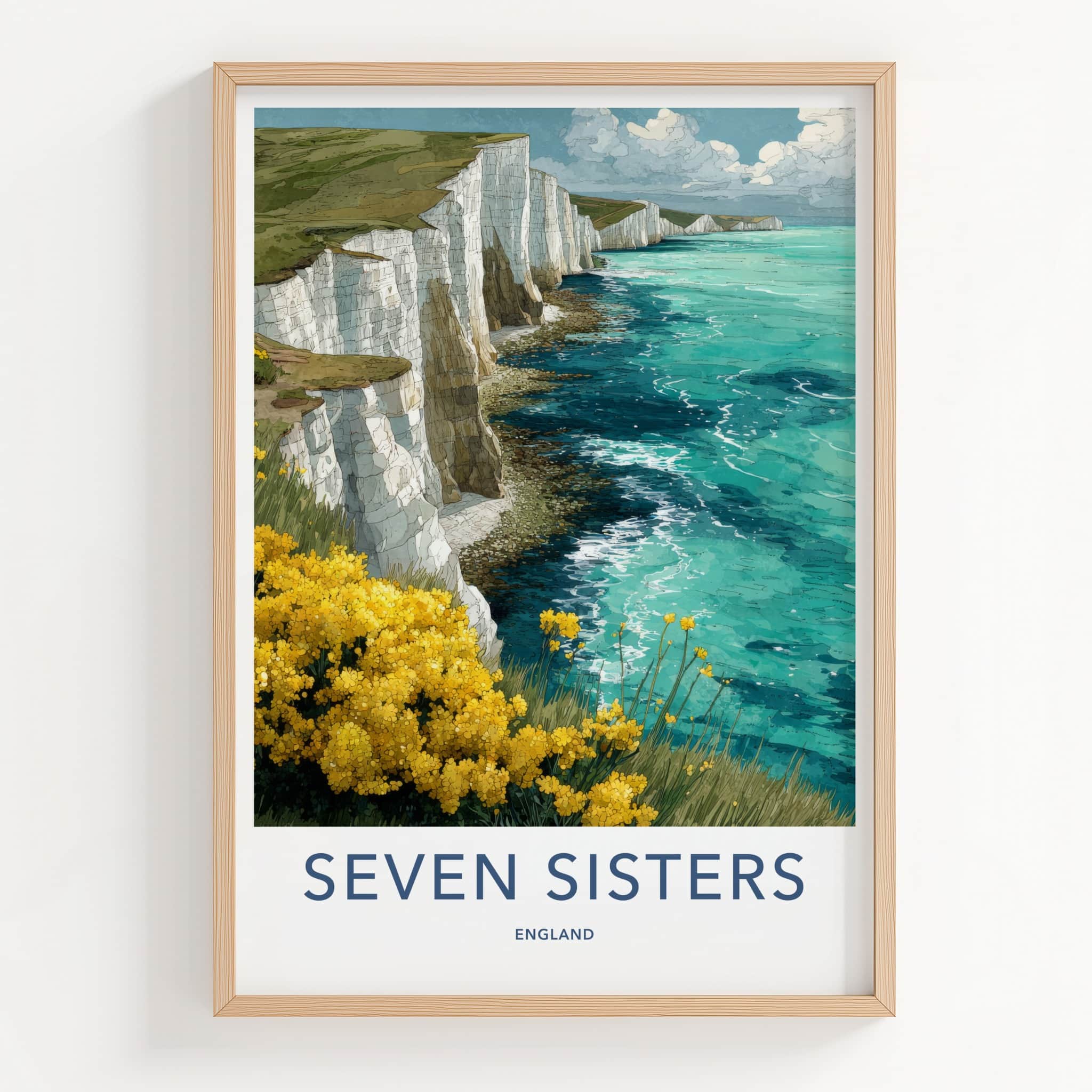 Seven Sisters Poster - England Travel Art - Cliffs Ocean Flowers Home Decor