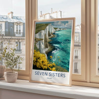 Seven Sisters Poster - England Travel Art - Cliffs Ocean Flowers Home Decor