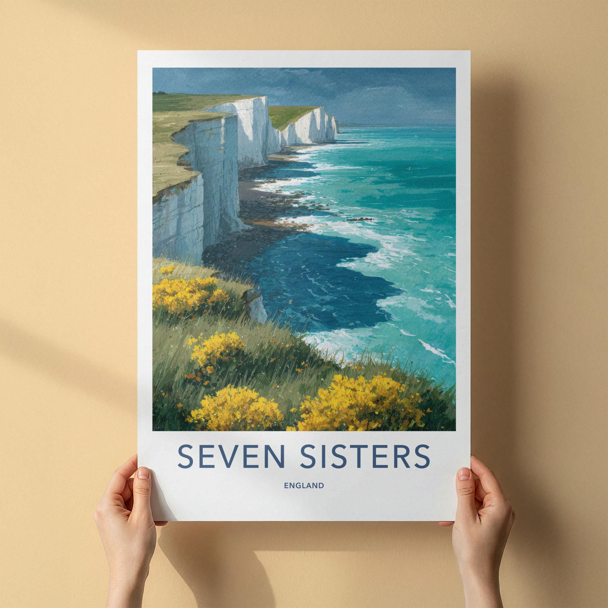 Seven Sisters Poster - England Travel Art - White Cliffs Ocean Home Decor