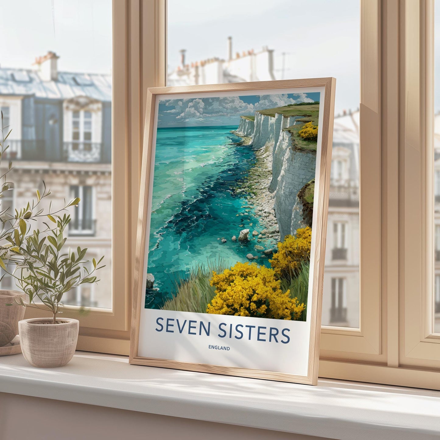 Seven Sisters Poster - England Travel Art - White Cliffs Turquoise Home Decor