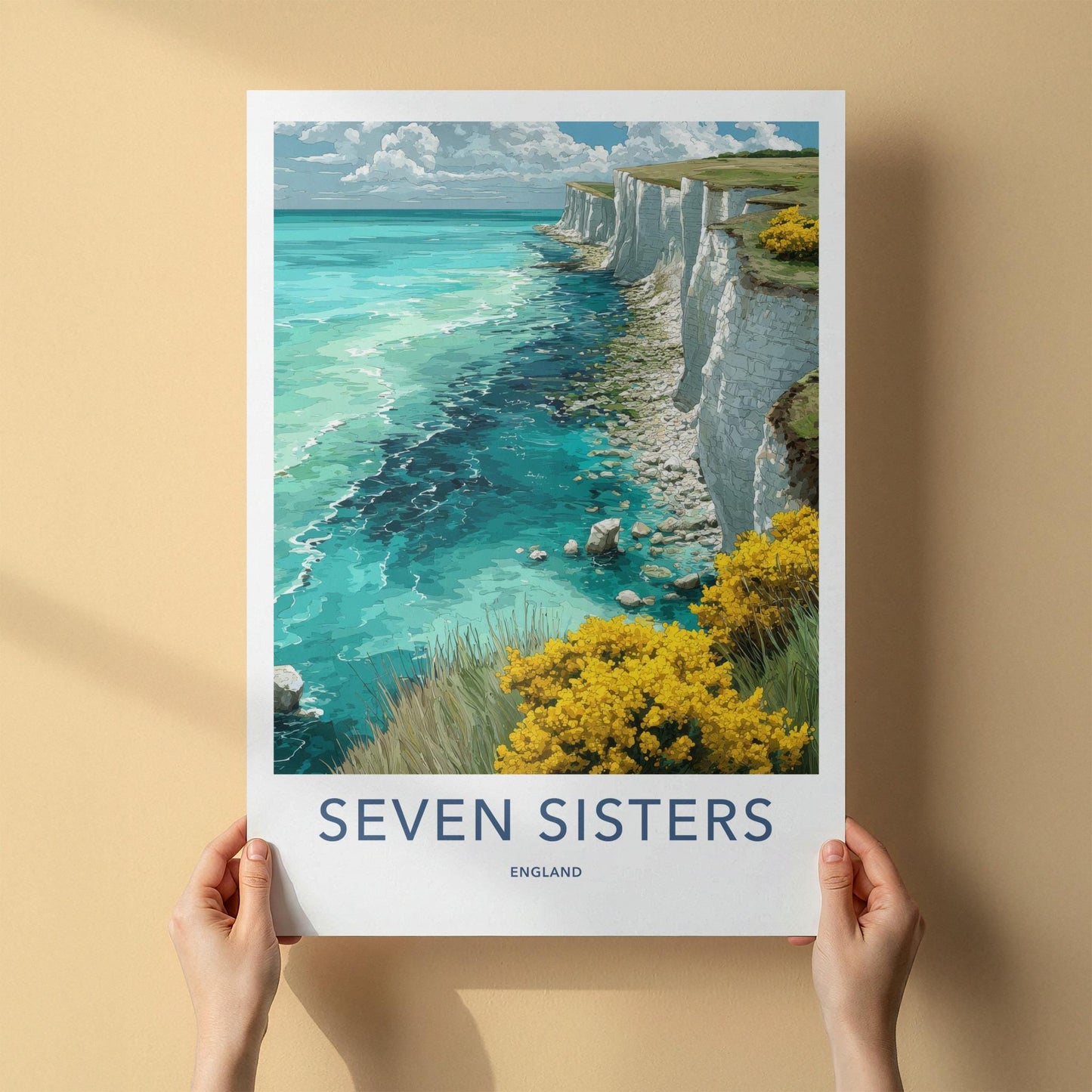 Seven Sisters Poster - England Travel Art - White Cliffs Turquoise Home Decor
