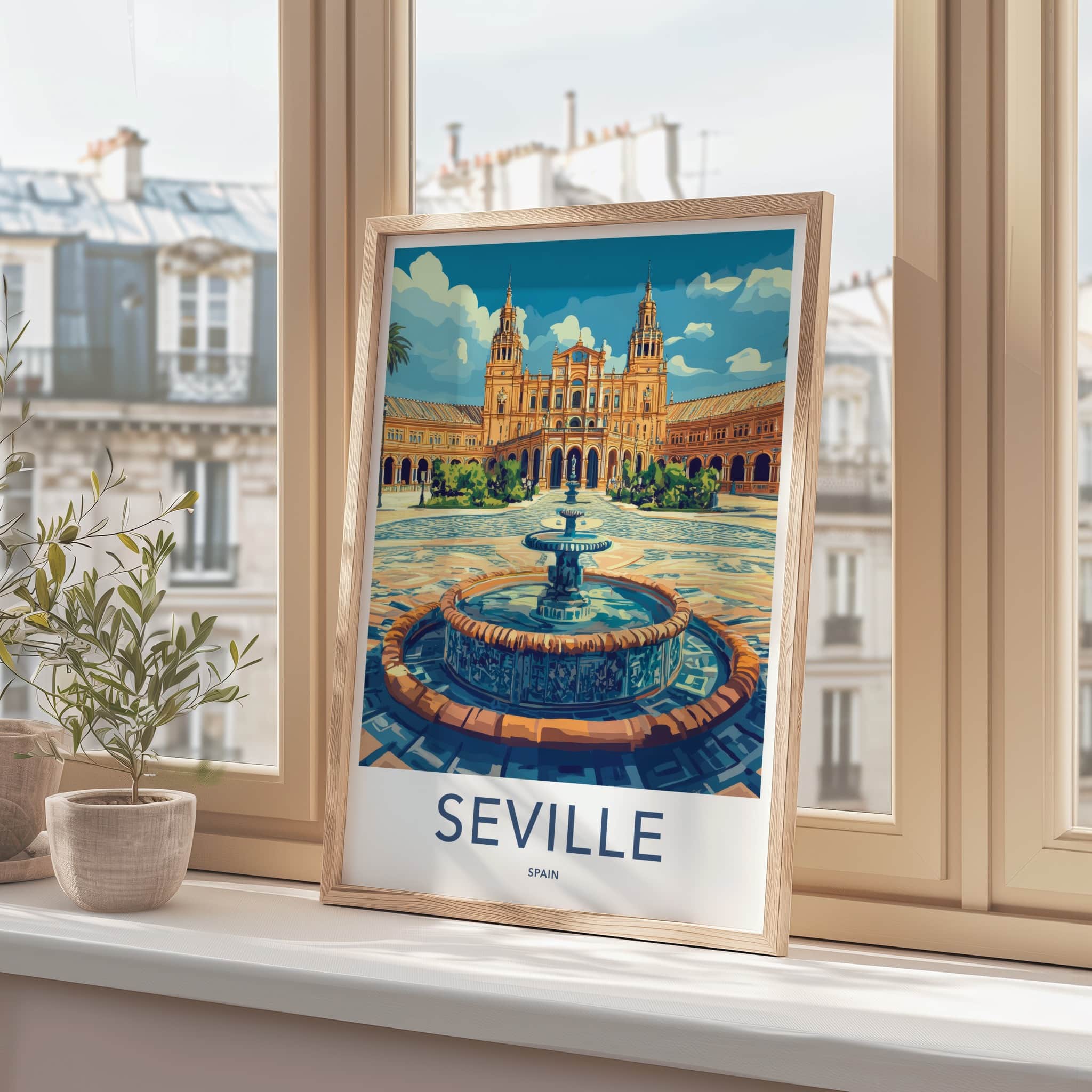 Seville Poster - Spain Travel Art - Grand Palace Fountain Wall Decor