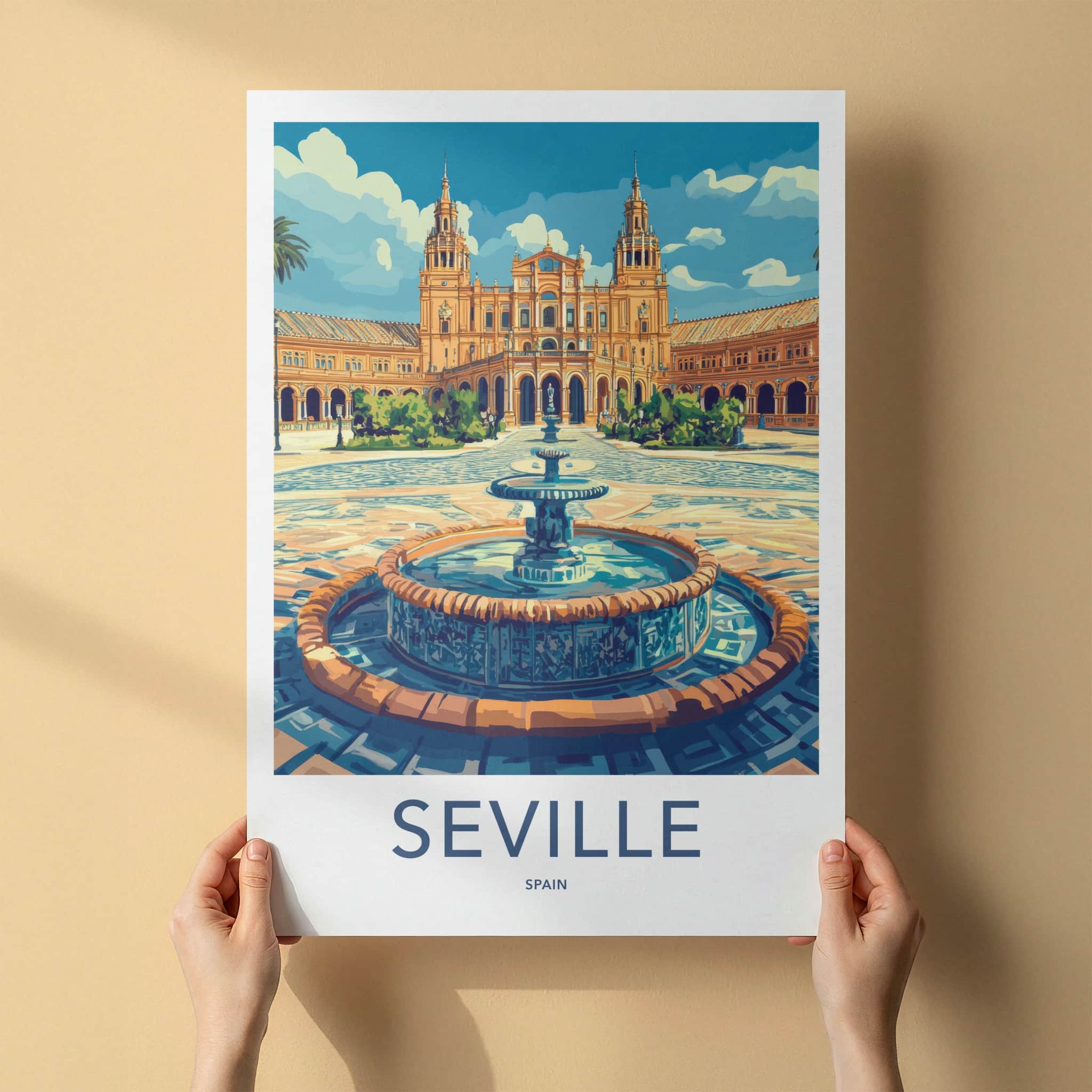 Seville Poster - Spain Travel Art - Grand Palace Fountain Wall Decor