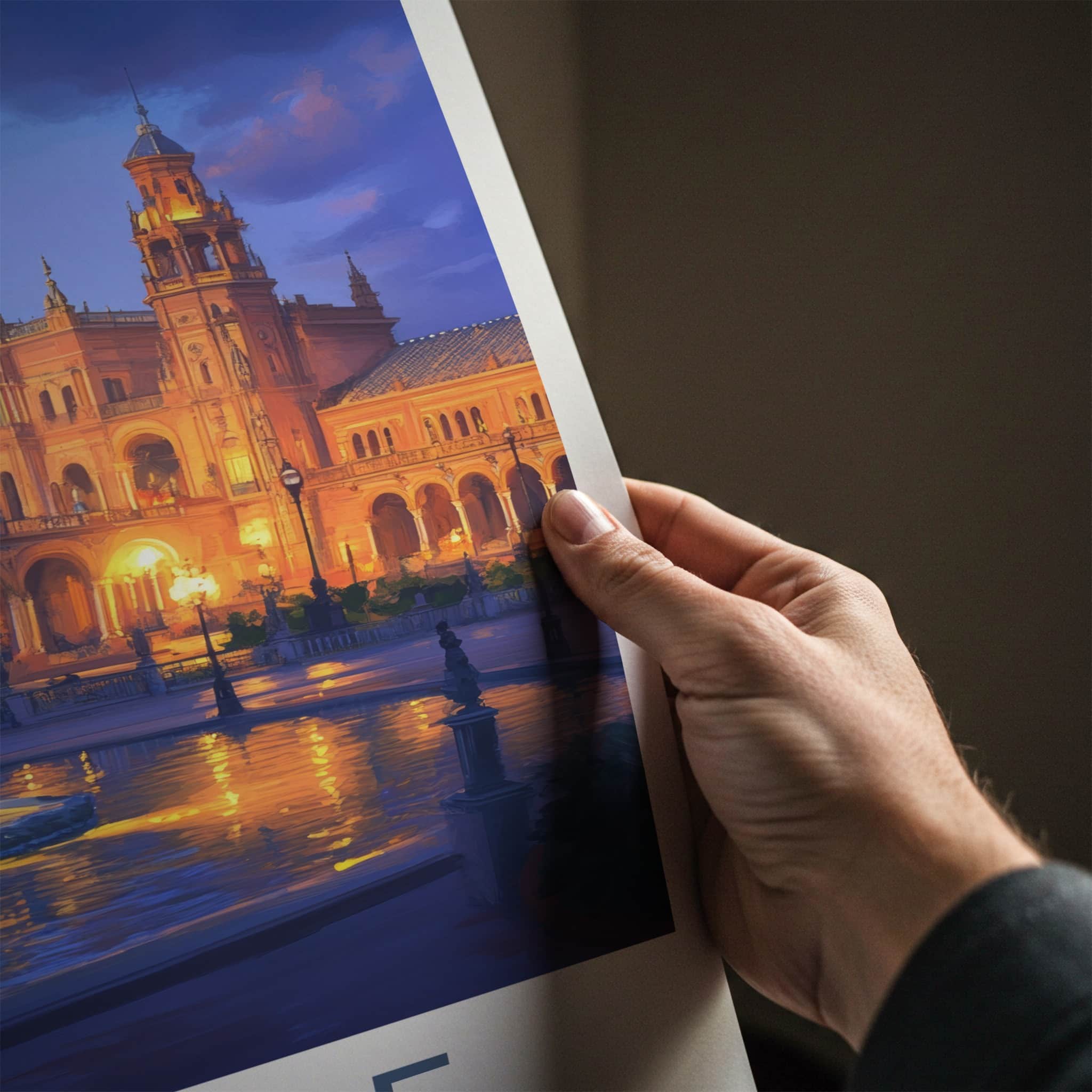 Seville Poster - Spain Travel Art - Illuminated Plaza Fountain Home Decor