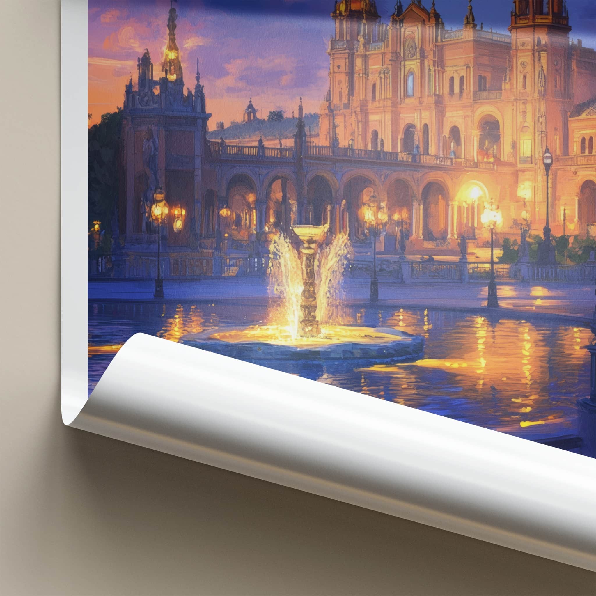 Seville Poster - Spain Travel Art - Illuminated Plaza Fountain Home Decor