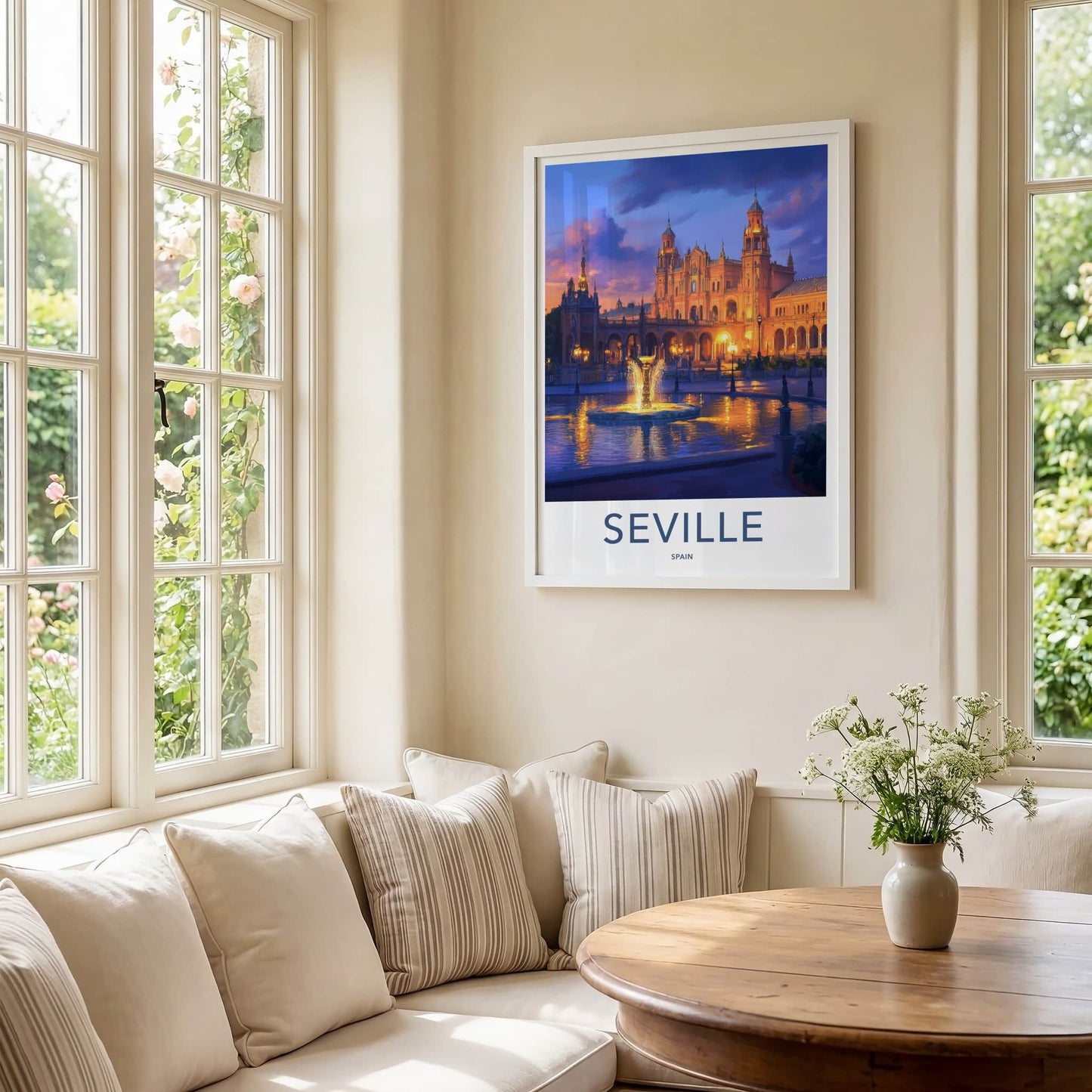 Seville Poster - Spain Travel Art - Illuminated Plaza Fountain Home Decor