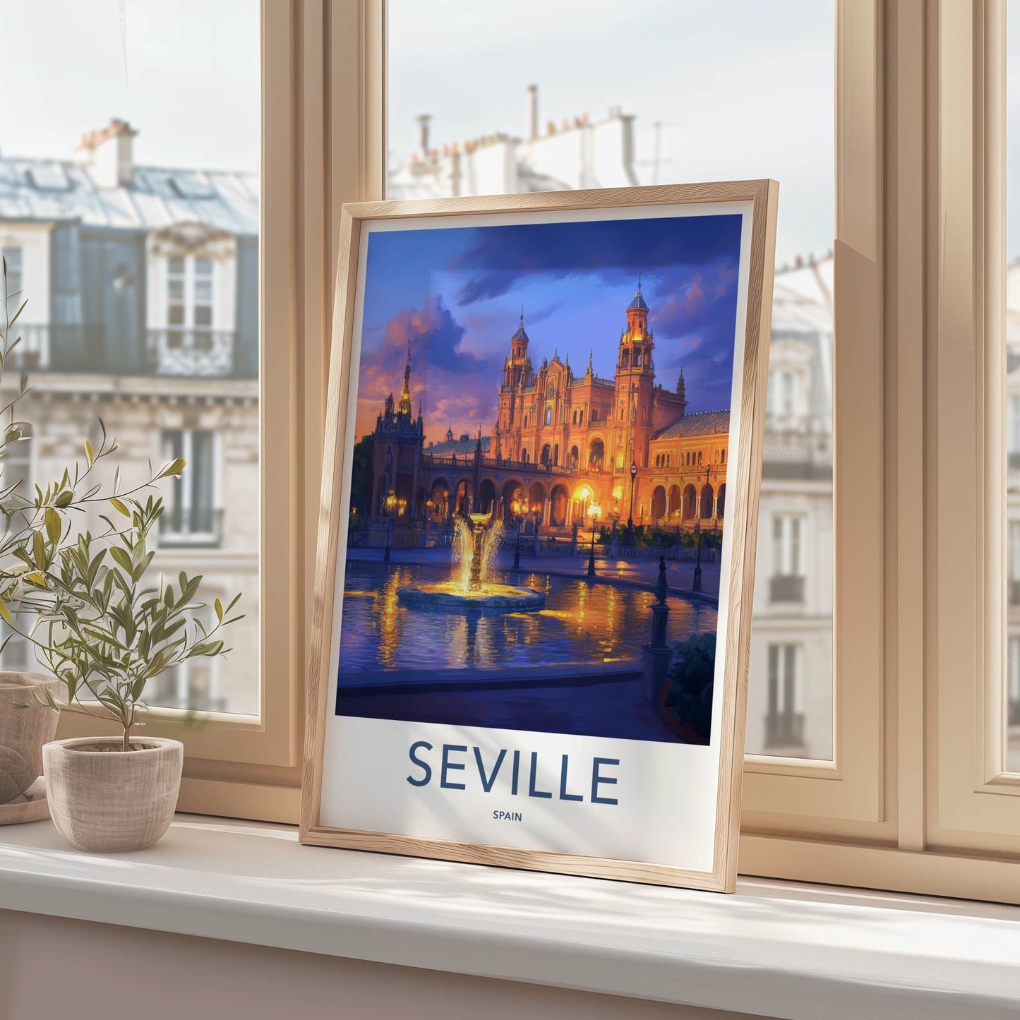 Seville Poster - Spain Travel Art - Illuminated Plaza Fountain Home Decor
