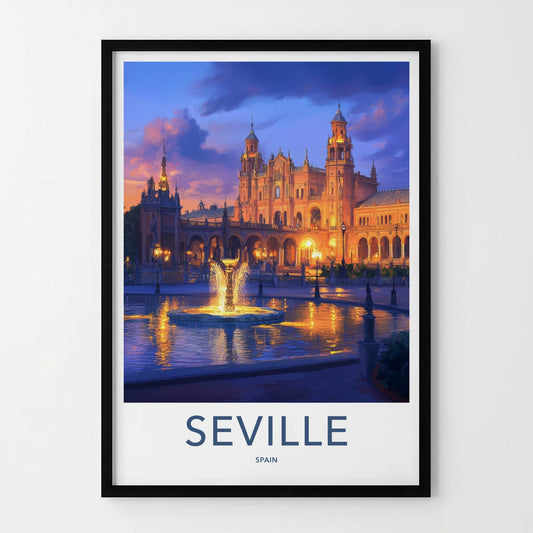 Seville Poster - Spain Travel Art - Illuminated Plaza Fountain Home Decor