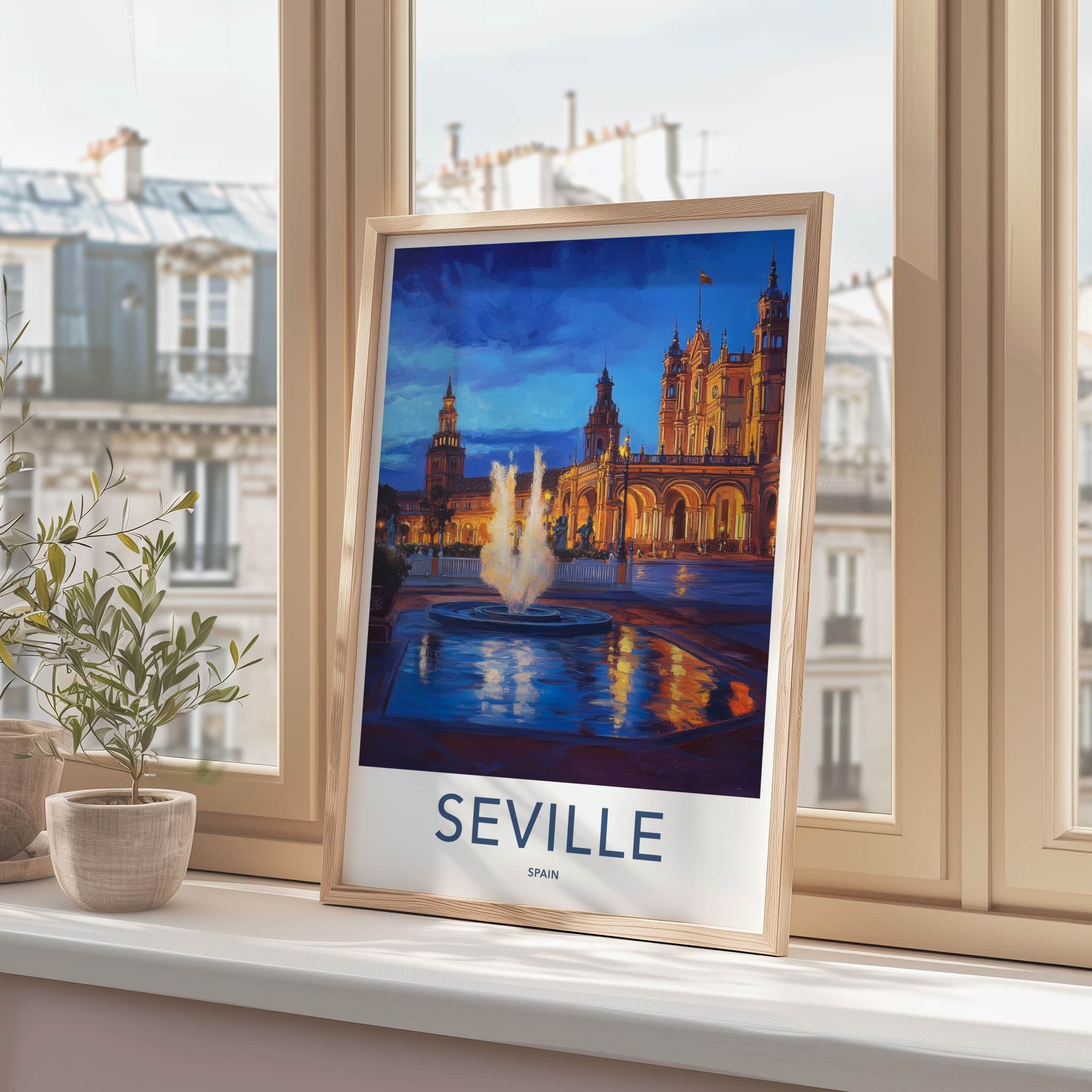 Seville Poster - Spain Travel Art - Vibrant Plaza Scene Home Decor