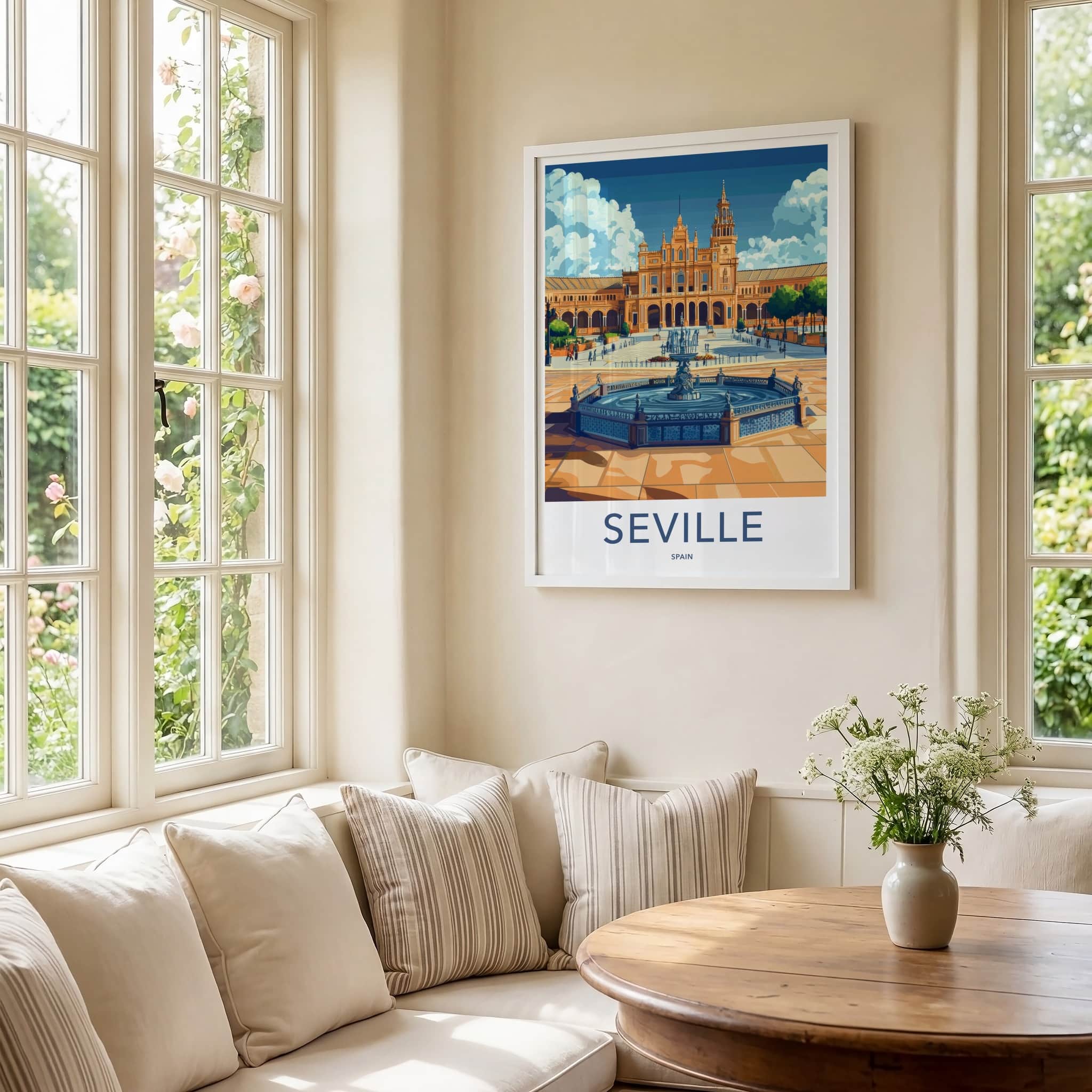 Seville Poster - Spain Travel Print - Grand Plaza Fountain Home Decor