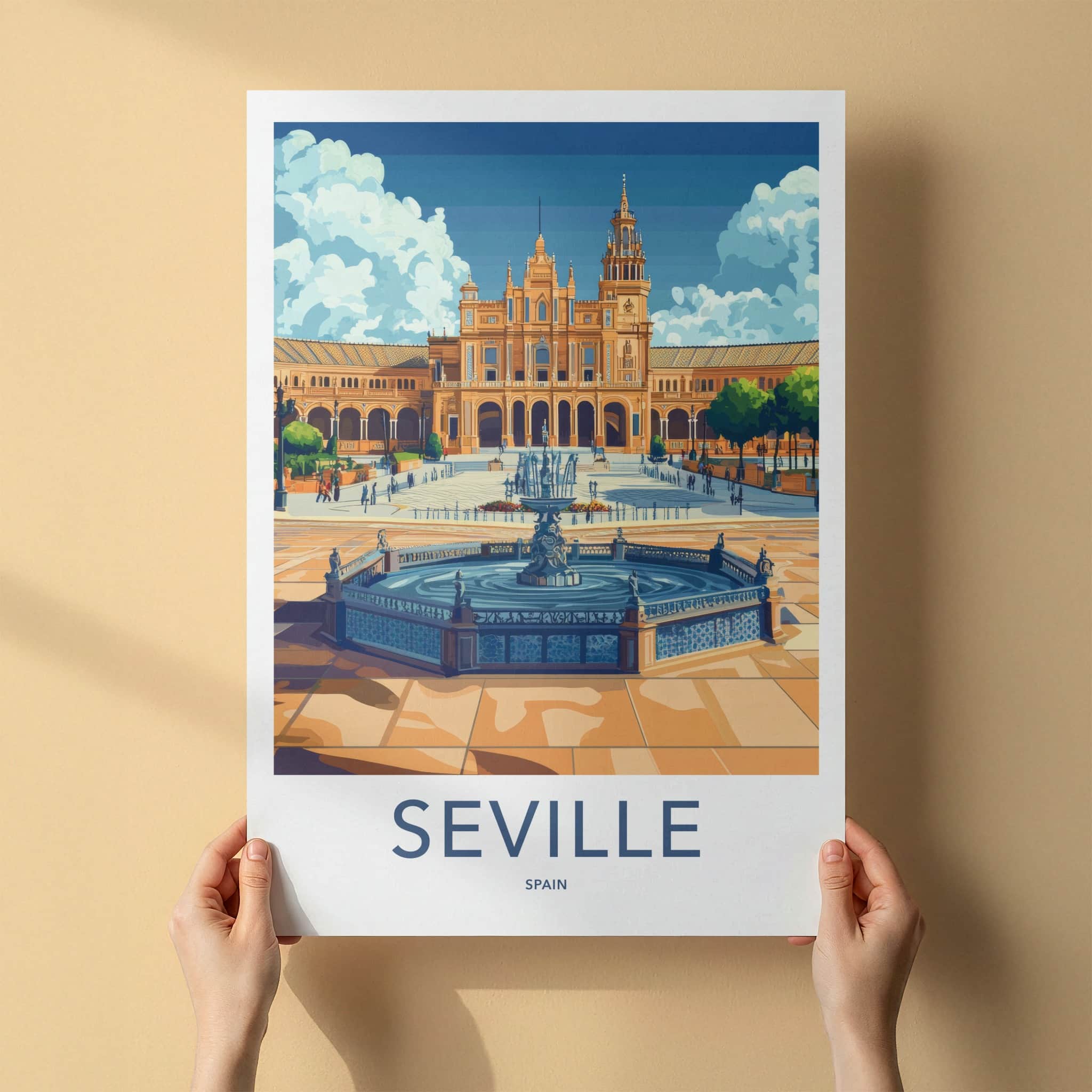 Seville Poster - Spain Travel Print - Grand Plaza Fountain Home Decor