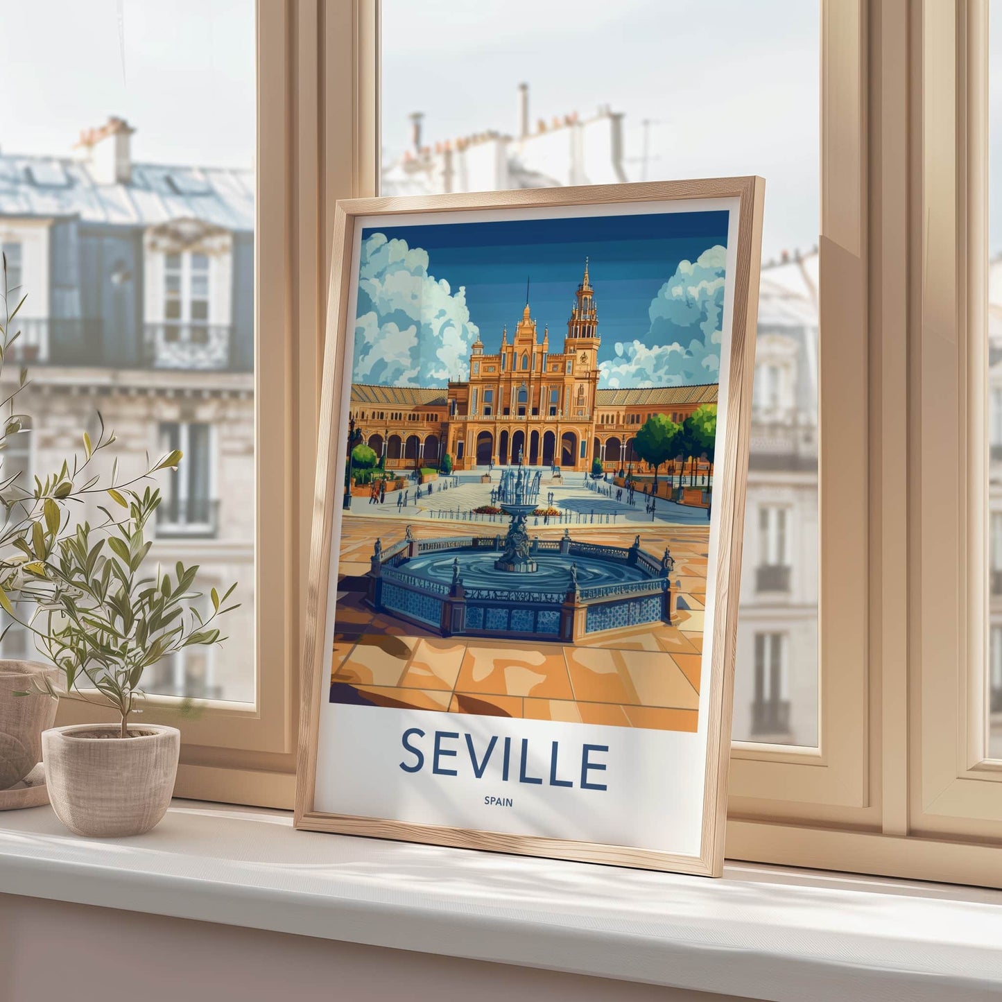 Seville Poster - Spain Travel Print - Grand Plaza Fountain Home Decor