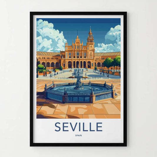 Seville Poster - Spain Travel Print - Grand Plaza Fountain Home Decor