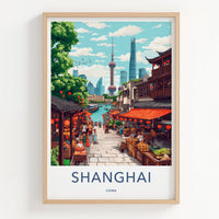 Shanghai Poster - China Travel Art - Bustling Riverfront Market Wall Decor