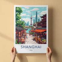 Shanghai Poster - China Travel Art - Bustling Riverfront Market Wall Decor