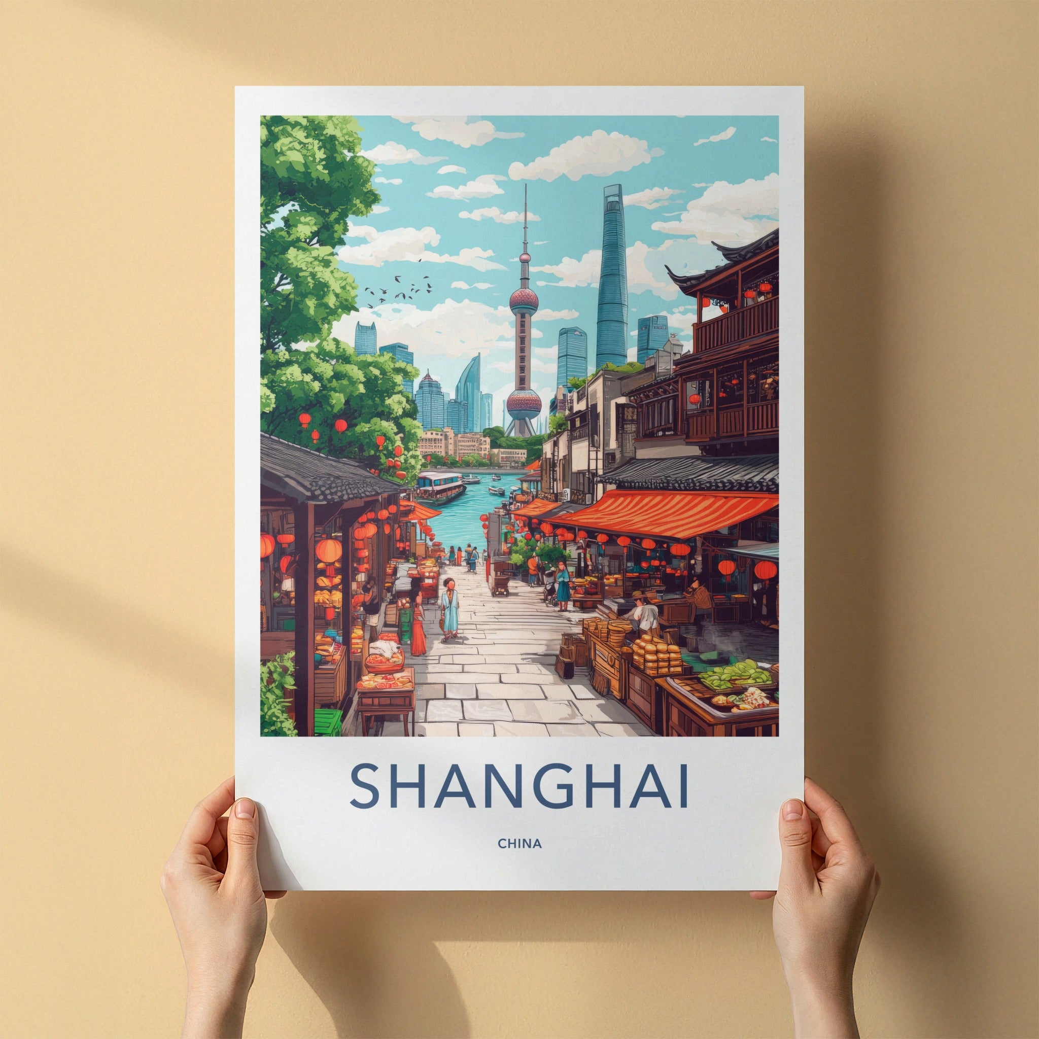 Shanghai Poster - China Travel Art - Bustling Riverfront Market Wall Decor