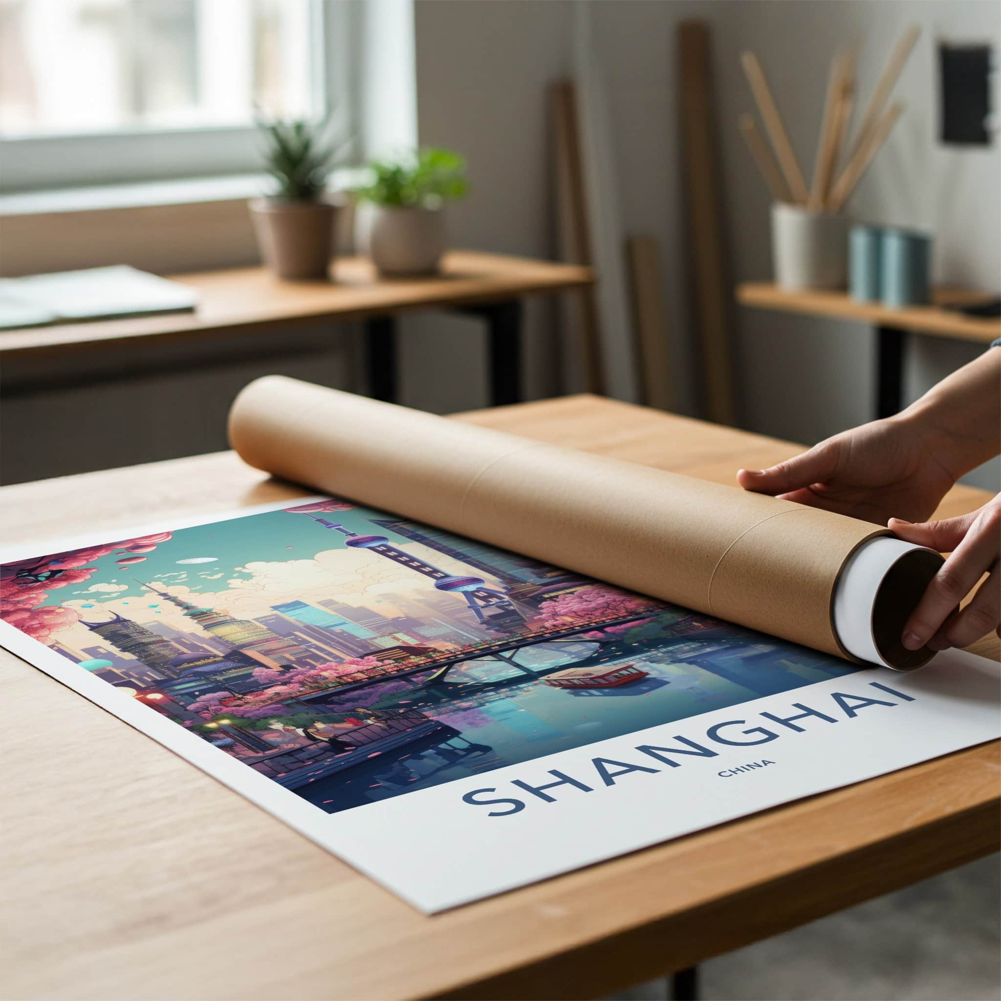 Shanghai Poster - China Travel Art - Futuristic Cityscape River Home Decor