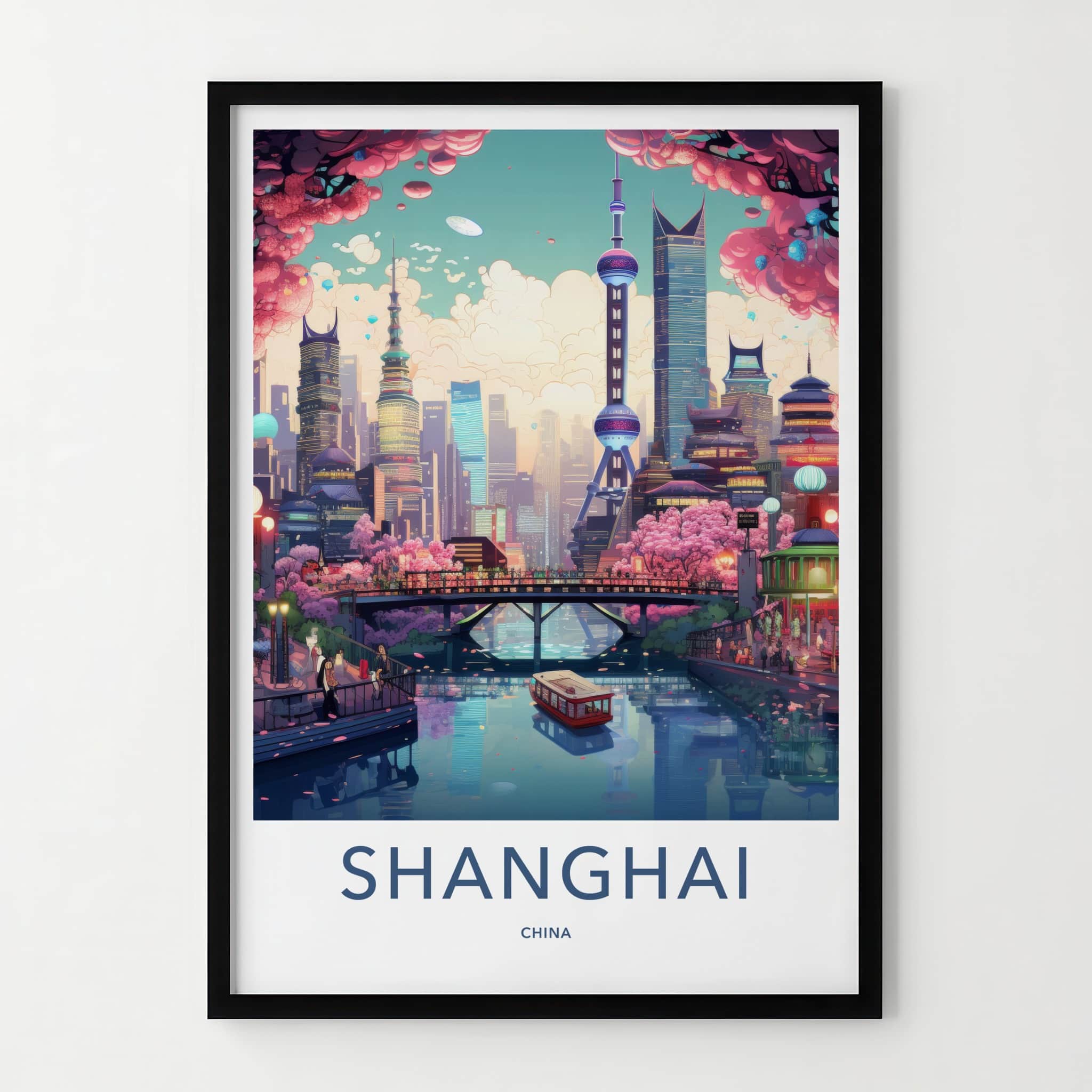Shanghai Poster - China Travel Art - Futuristic Cityscape River Home Decor