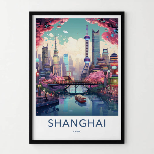 Shanghai Poster - China Travel Art - Futuristic Cityscape River Home Decor