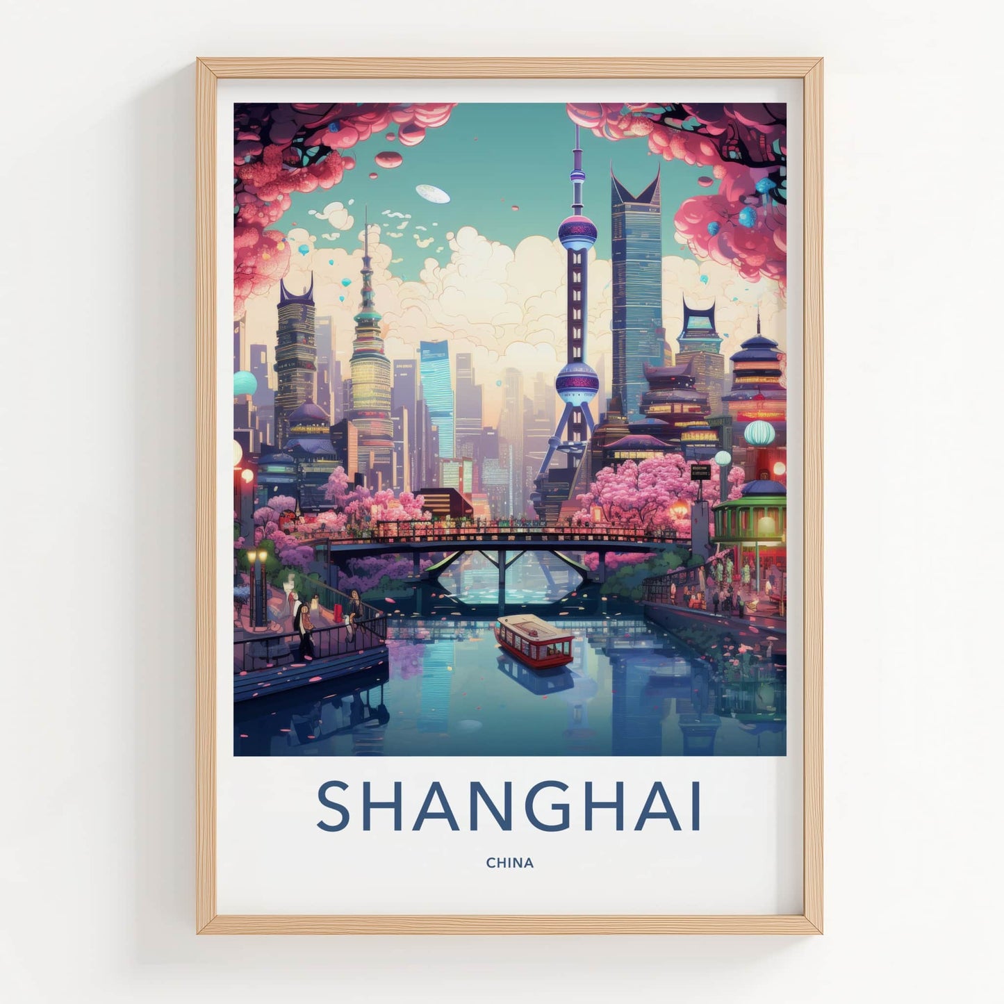 Shanghai Poster - China Travel Art - Futuristic Cityscape River Home Decor