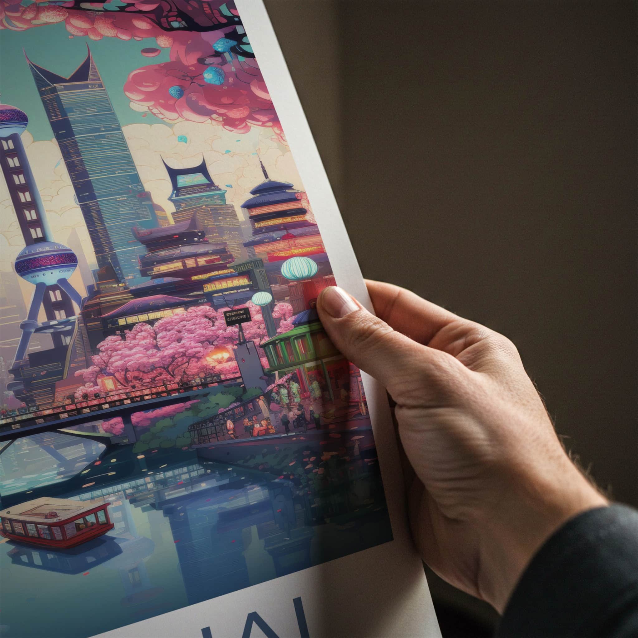 Shanghai Poster - China Travel Art - Futuristic Cityscape River Home Decor