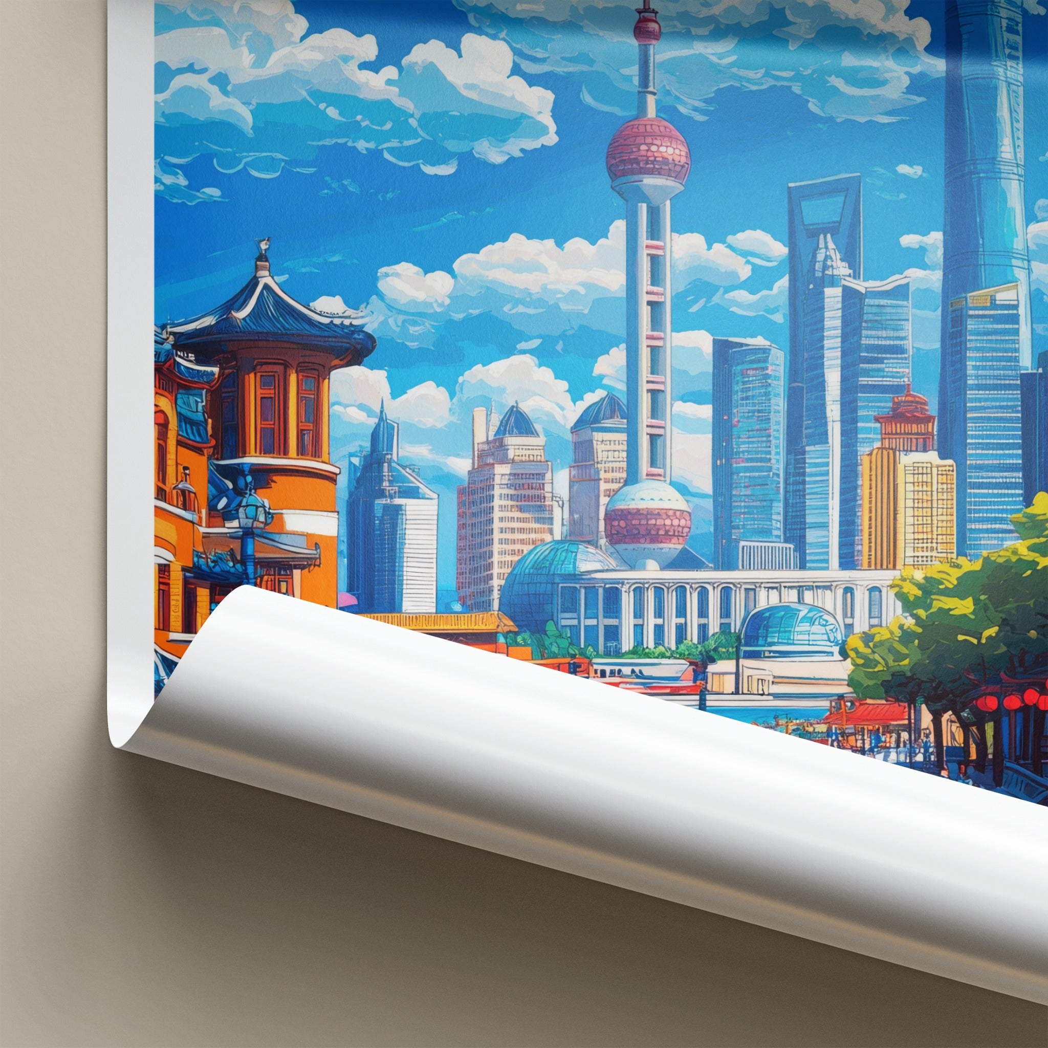 Shanghai Poster - China Travel Art - Iconic Skyline Street Home Decor